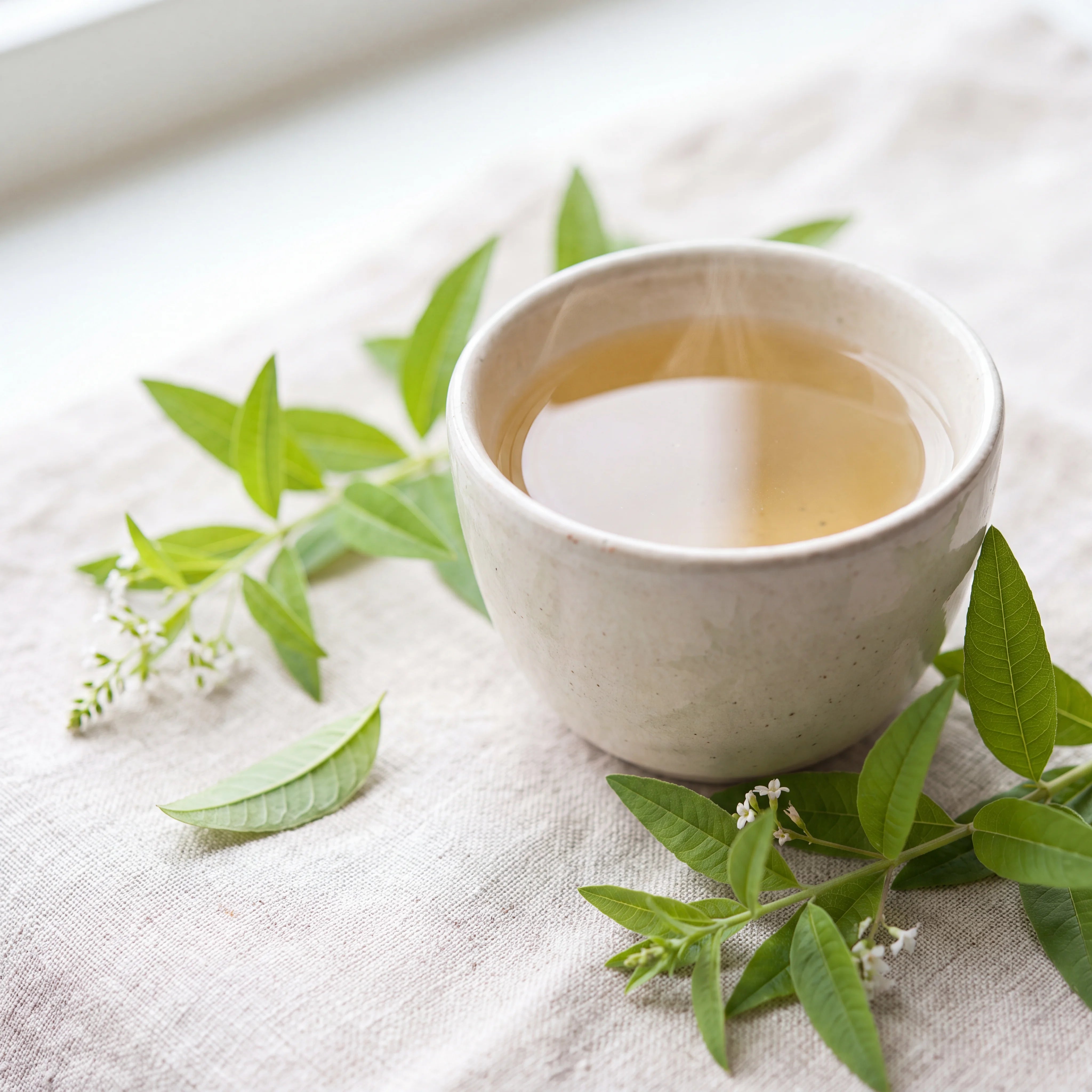Cup of pale golden lemon verbena herbal tea with fresh verbena leaves