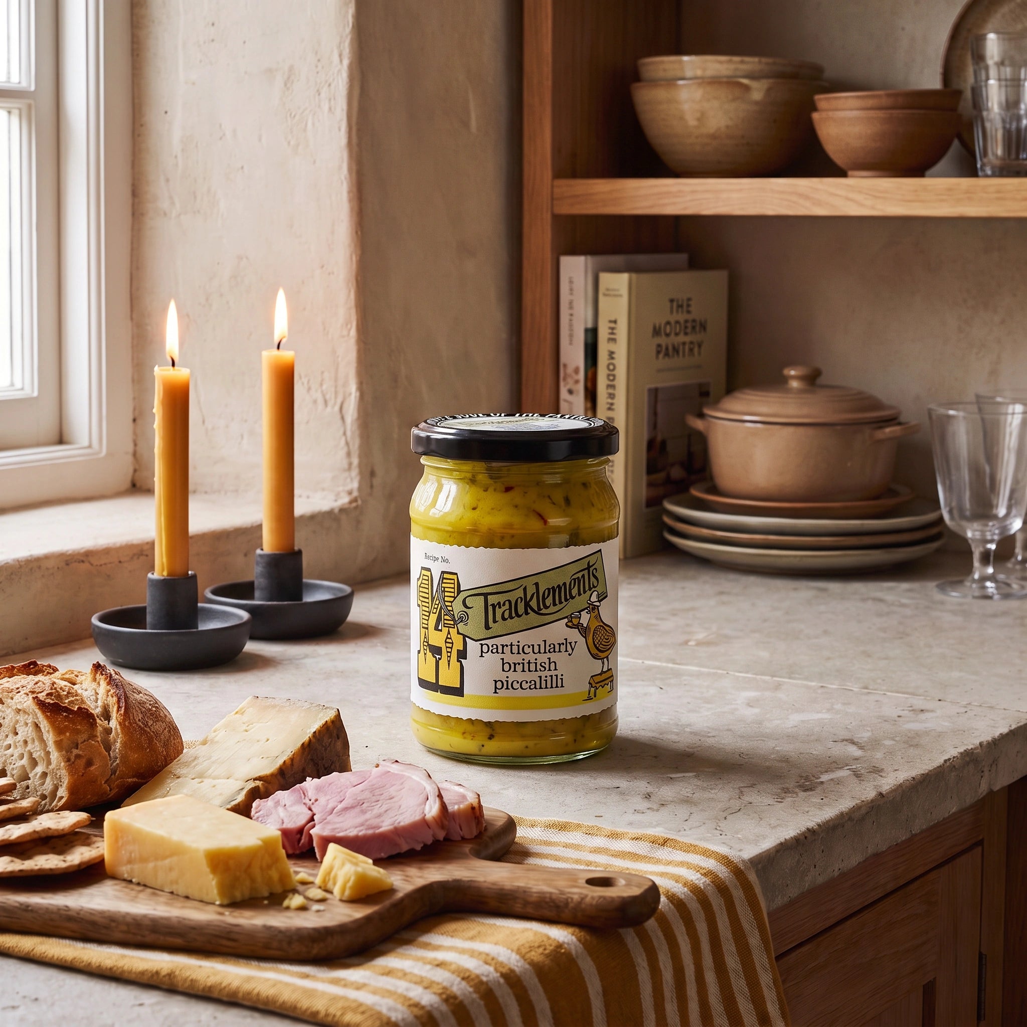 Tracklements Particularly British Piccalilli jar in a rustic kitchen ploughman's setting