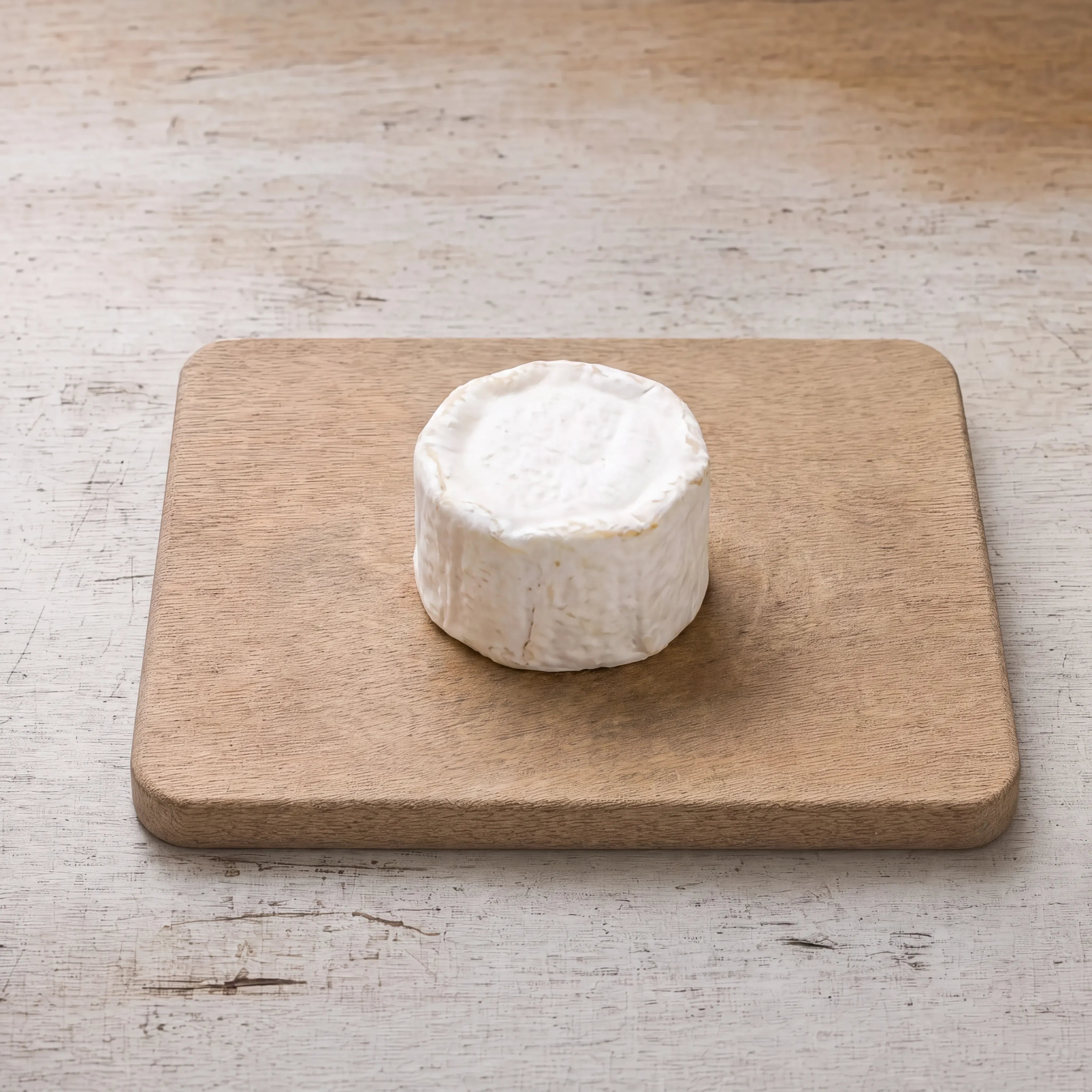 Rosary natural goats' cheese drum on an oak board, English cheesemonger counter