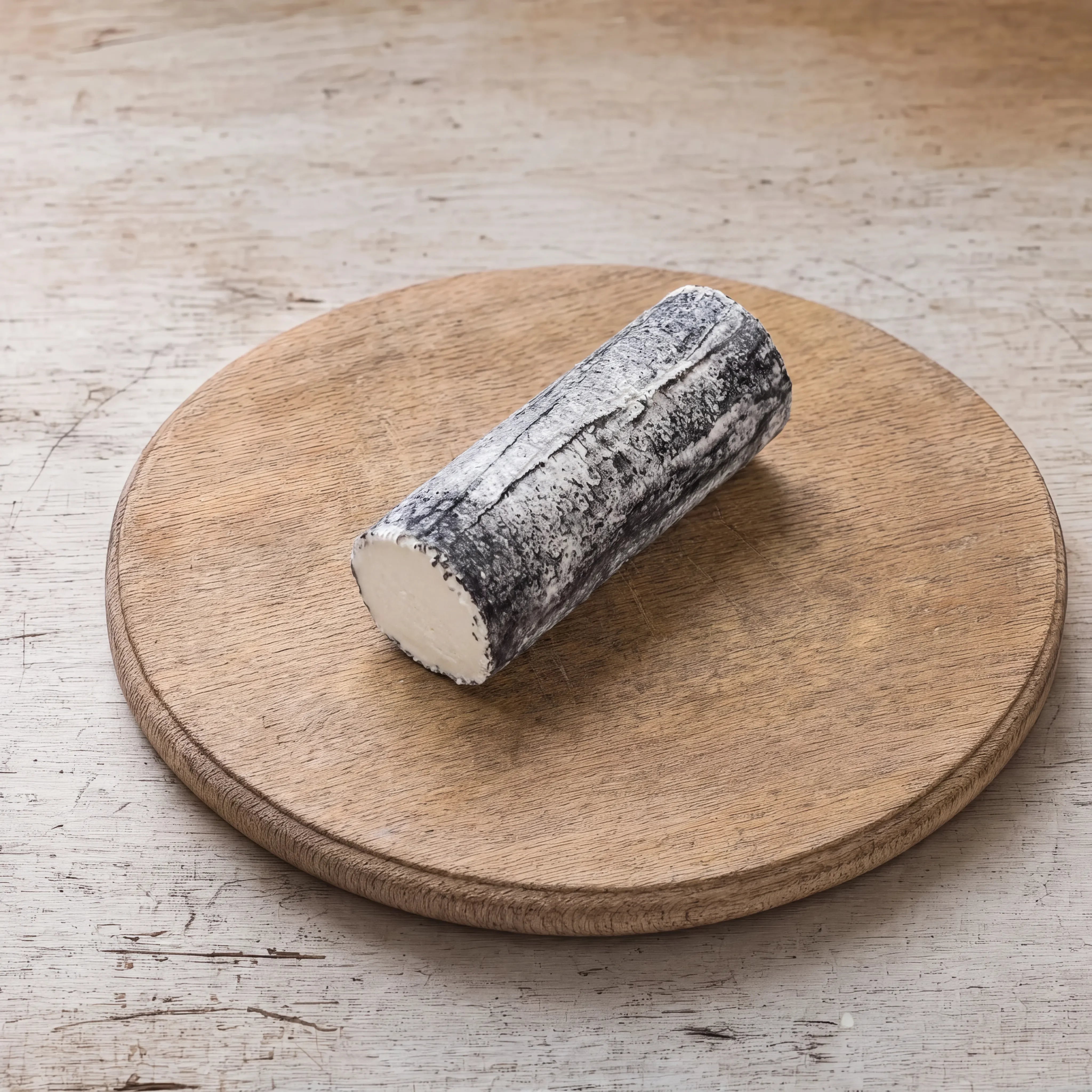 Rosary ash-coated goats' cheese log on an oak board, English cheesemonger counter