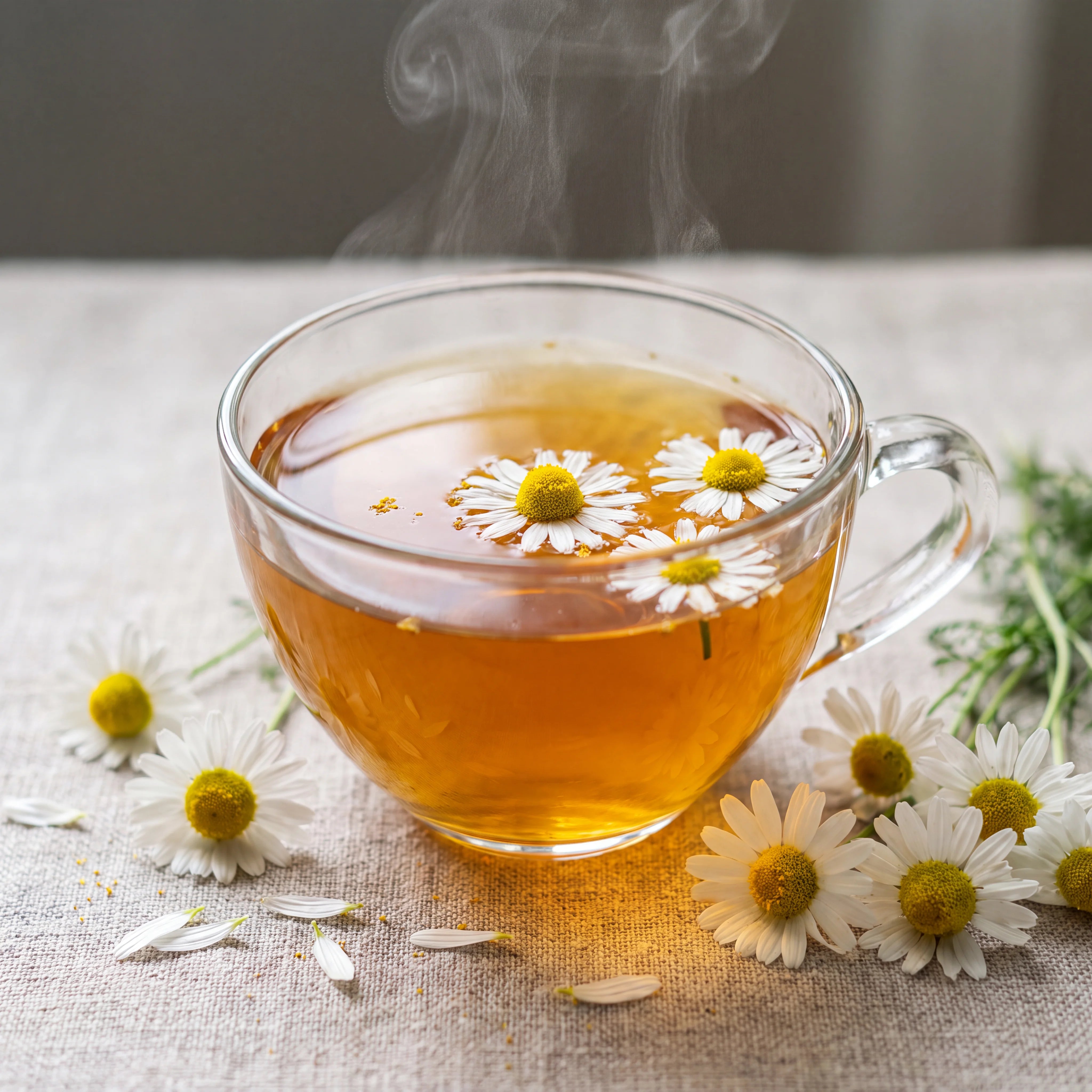 Cup of golden camomile tea with chamomile flowers