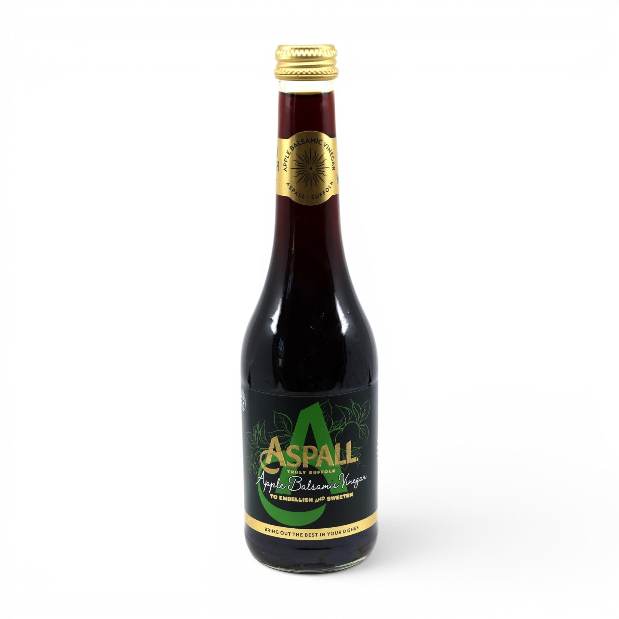 Made In England Aspall Apple Balsamic Vinegar bottle with dark liquid and gold cap. Features a black label with green accents.