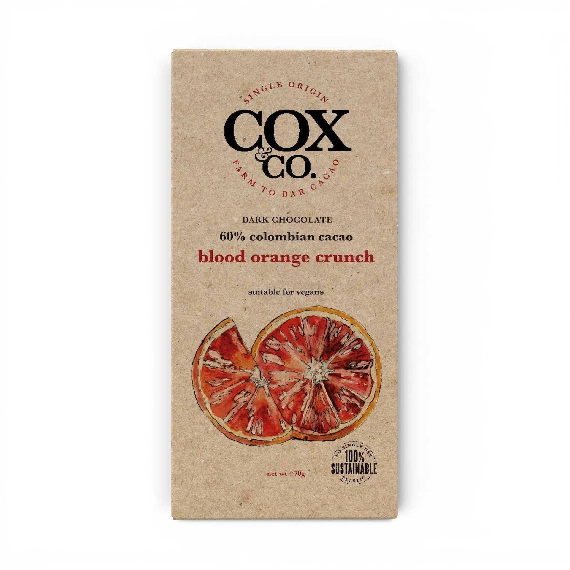 Made In England Cox & Co. dark chocolate bar with blood orange crunch, 60% Colombian cacao, vegan, 70g.
