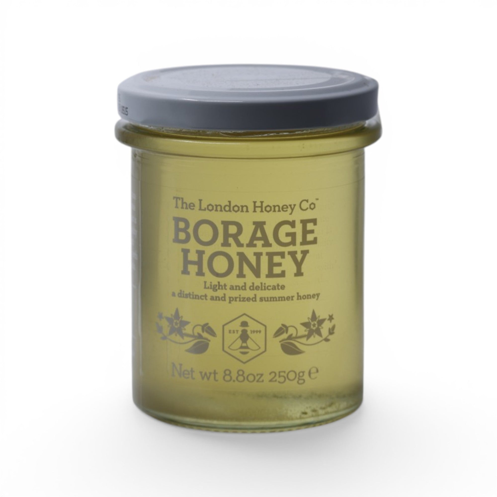 Made In England The London Honey Co. Borage Honey, a light, delicate, pale honey in a 250g glass jar with a grey lid.