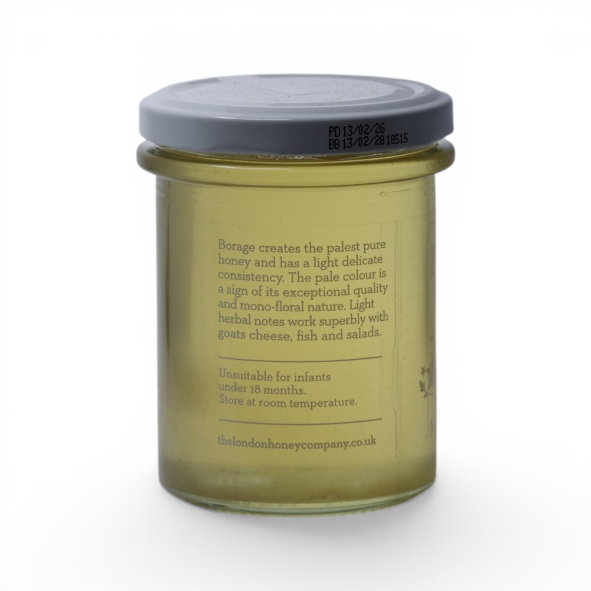 Made In England Borage Honey, a pale, delicate monofloral honey in a 250g glass jar with a grey lid.