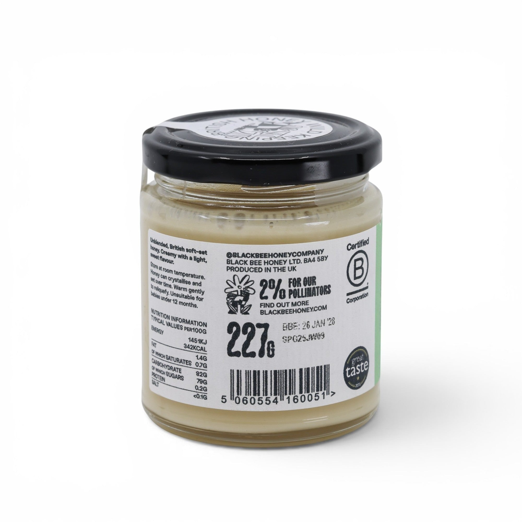 Made In England Black Bee Honey, soft-set British Spring honey in a glass jar. Creamy and light, with floral notes.