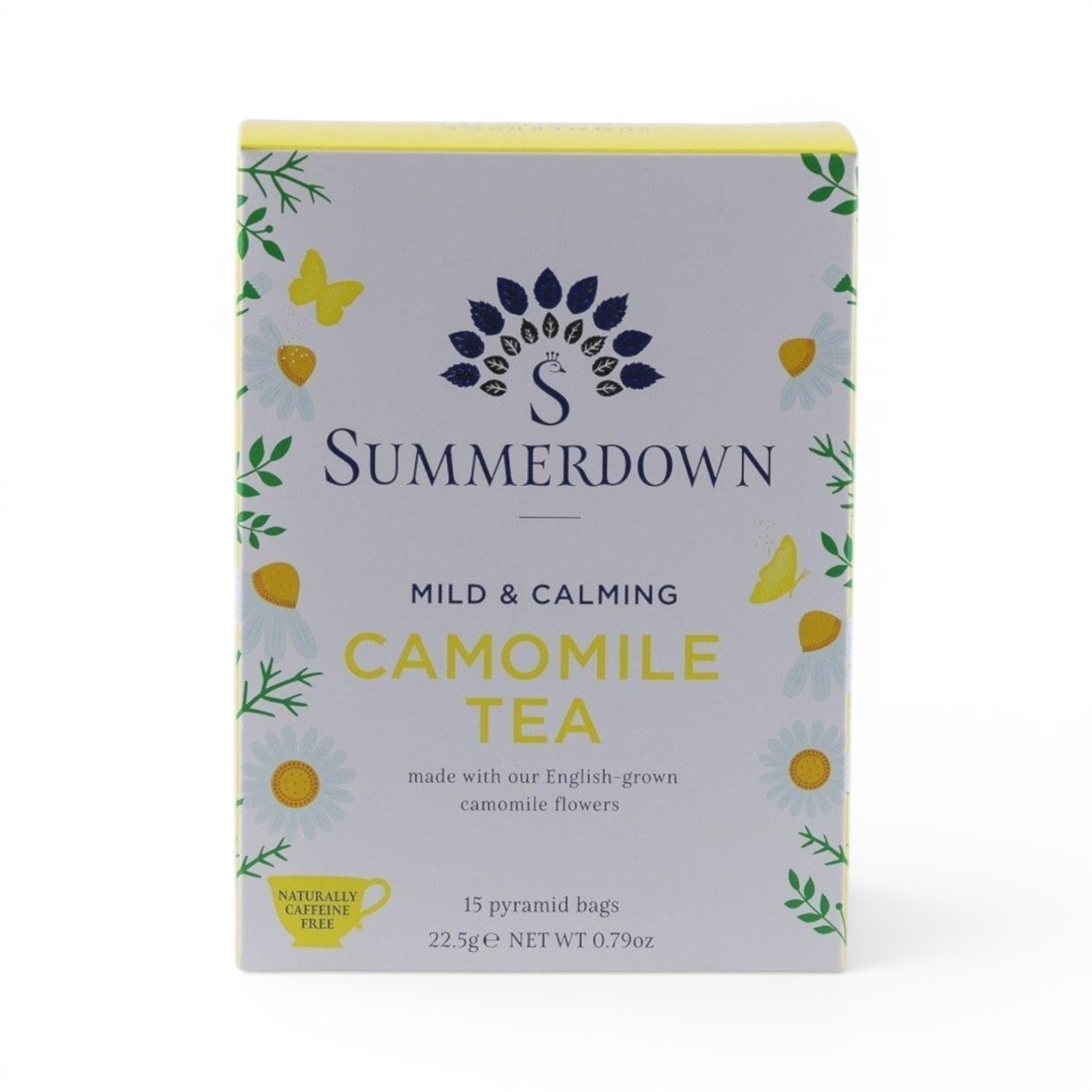 Made In England Summerdown Mild & Calming Camomile Tea box with 15 pyramid bags, featuring English-grown camomile flowers and butterflies.