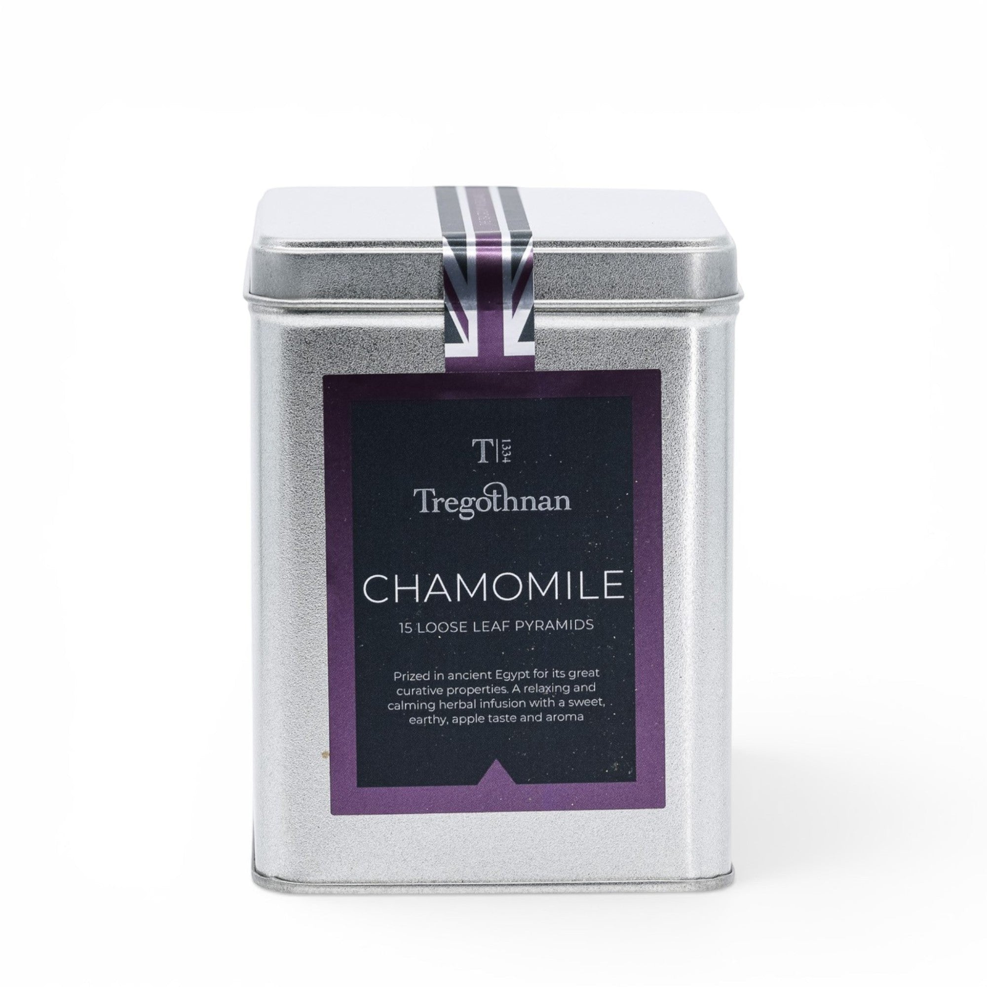 Made In England Tregothnan Chamomile loose leaf pyramids tin. Silver tin with purple label detailing chamomile tea.