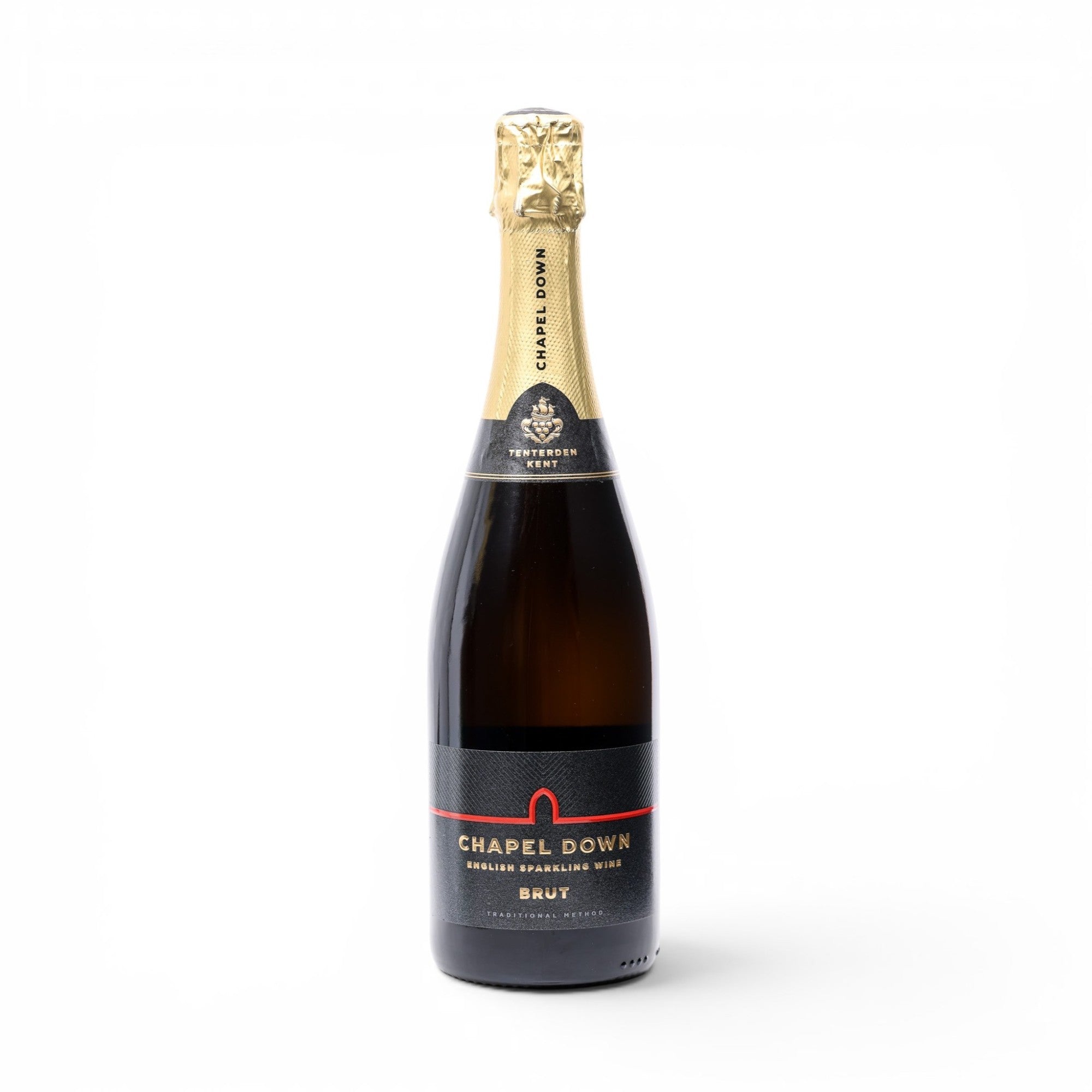 Chapel Down Brut English Sparkling Wine bottle with gold foil neck and black label, perfect for celebrations.
