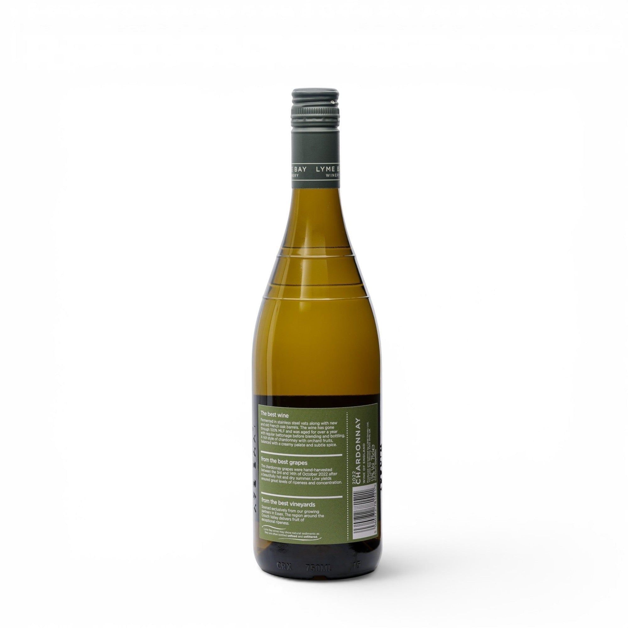 Made In England Lyme Bay Winery Chardonnay white wine bottle with green label and grey cap. Crisp, dry finish with notes of citrus and green apple.