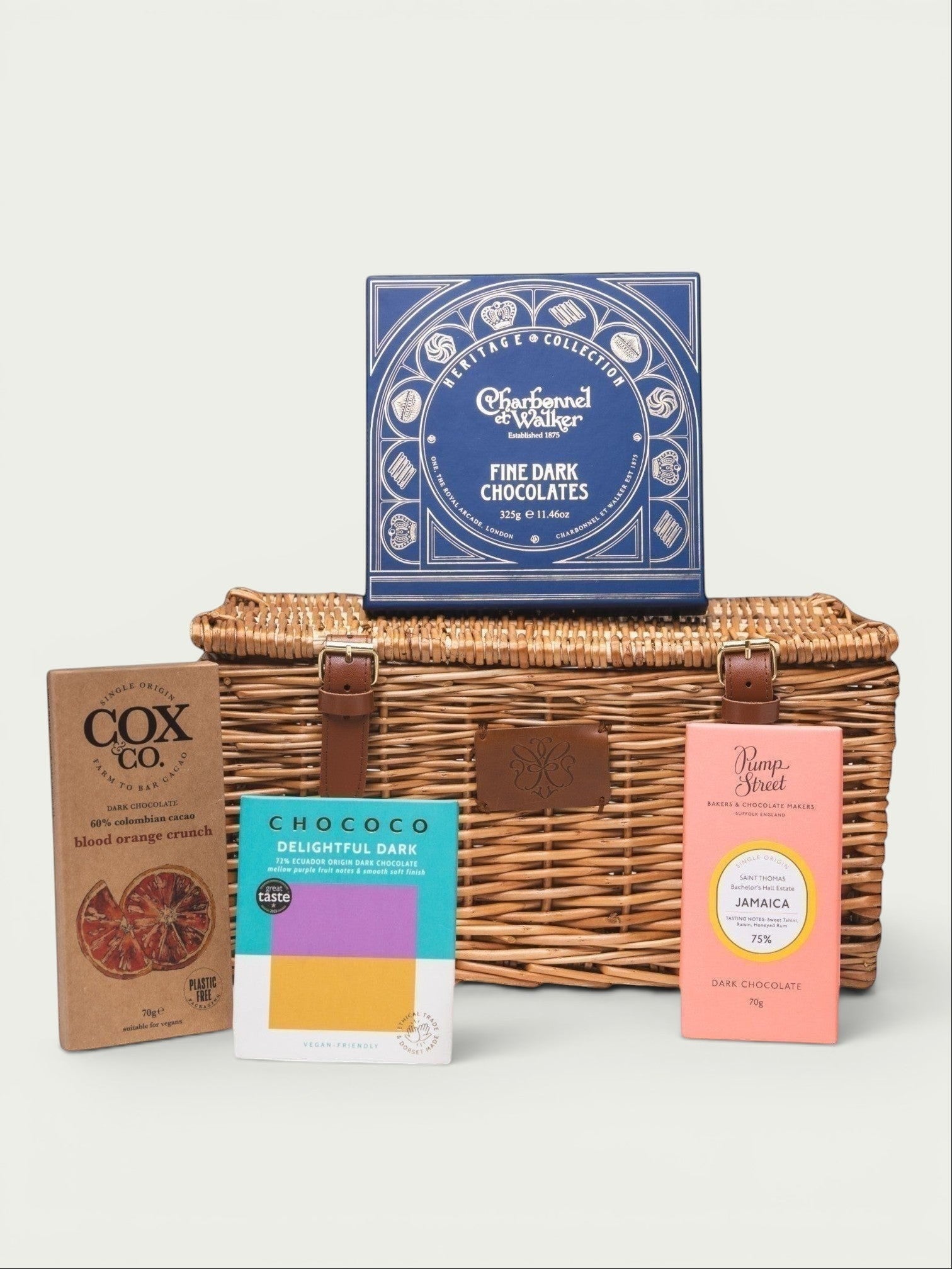 Made In England Artisan Chocolate Selection Gift Hamper with dark chocolates and woven basket.