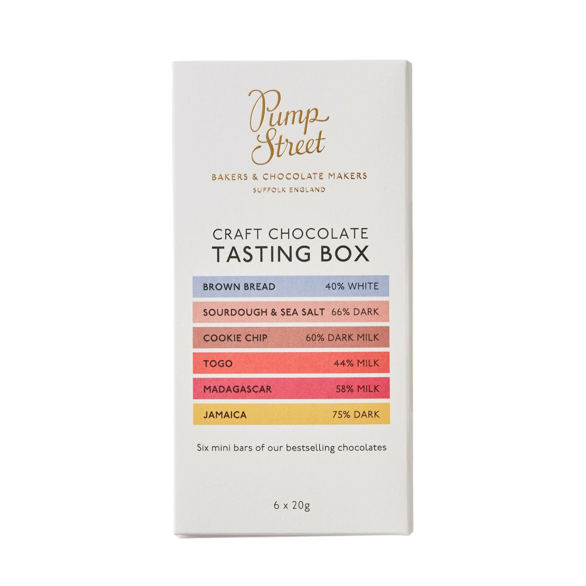 Made In England Pump Street Craft Chocolate Tasting Box with six mini bars including Brown Bread 40% white, Madagascar 58% milk, and Jamaica 75% dark.