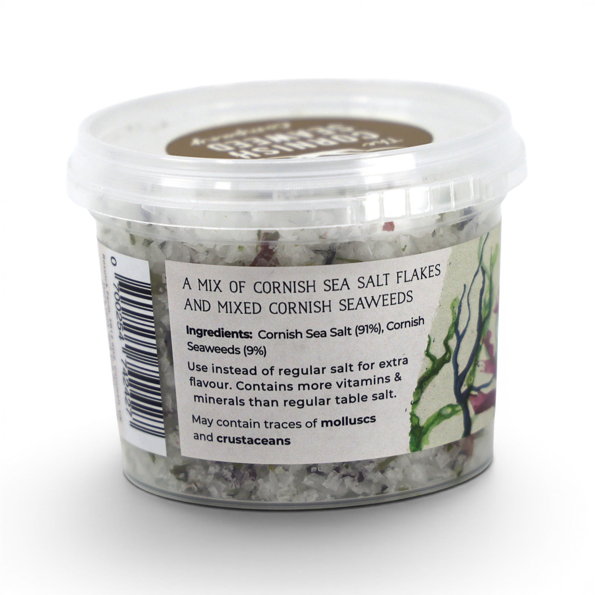 Made In England Cornish sea salt and mixed seaweed flakes in a clear plastic tub. A blend of sea salt and nutrient-rich seaweeds.