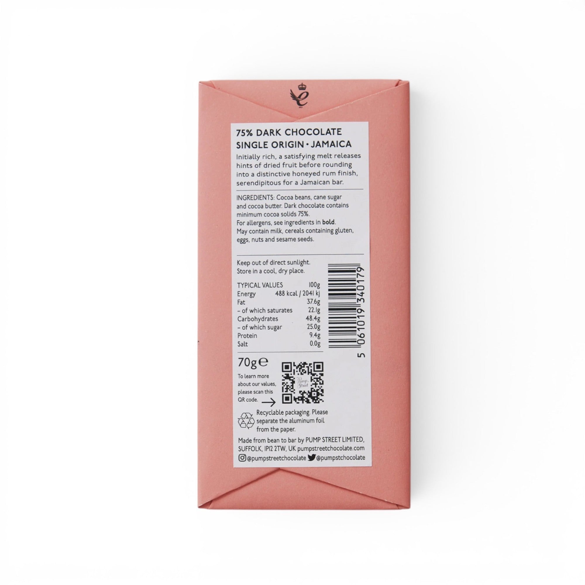 Made In England 75% Dark Chocolate Single Origin Jamaica bar with notes of dried fruit and rum finish. 70g.