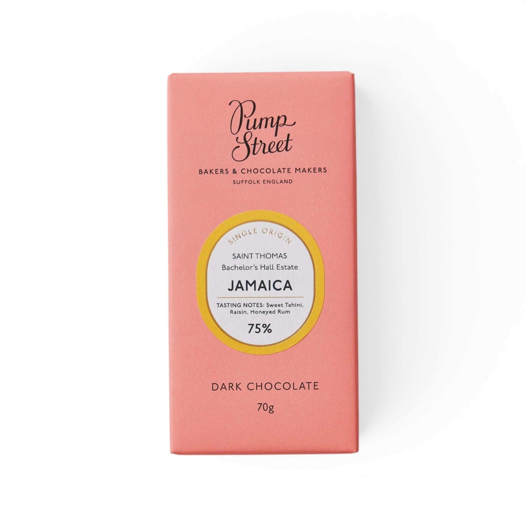 Made In England 75% Dark Chocolate Single Origin Jamaica bar with tasting notes of sweet tahini, raisin, and honeyed rum.