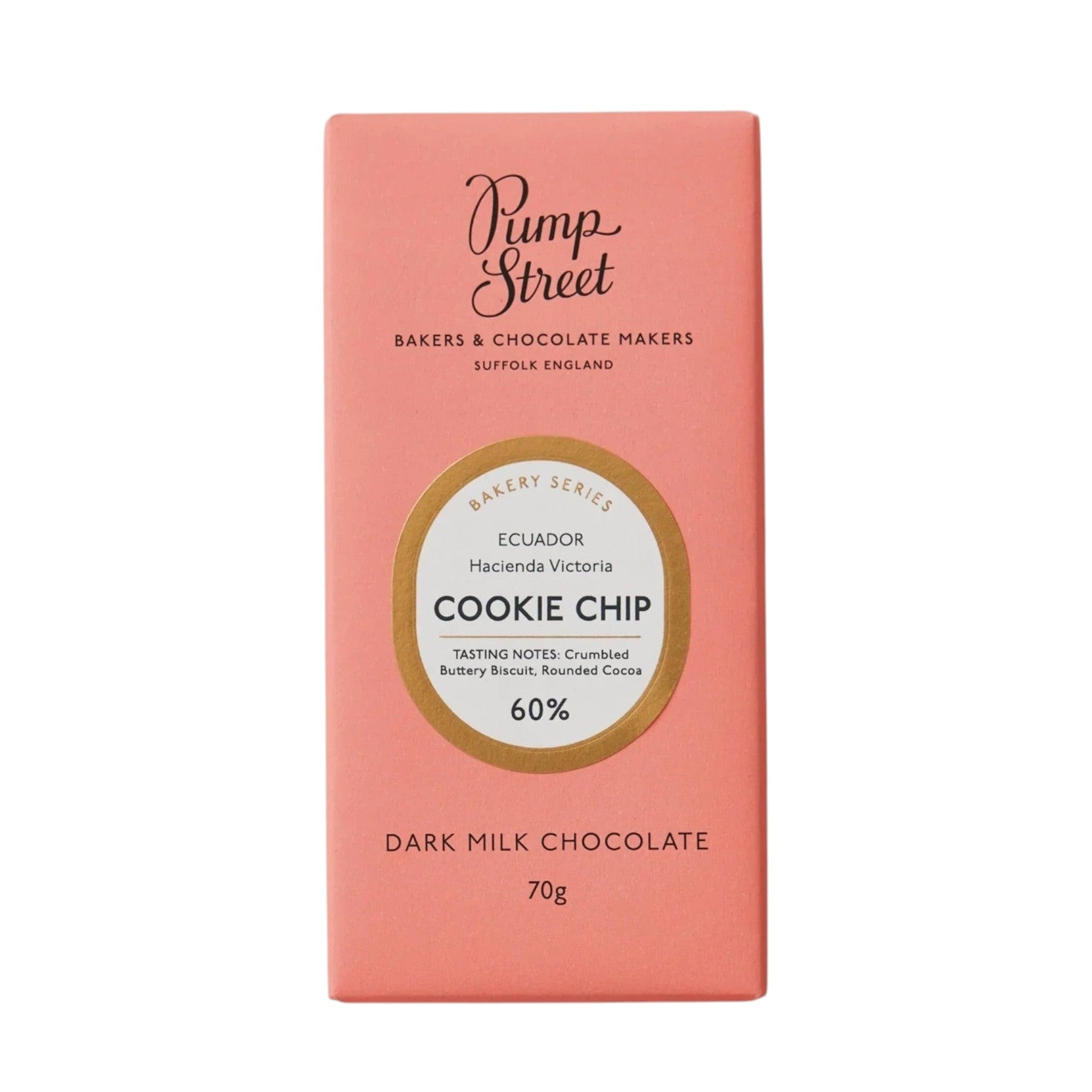 Pump Street Dark Milk Chocolate Cookie Chip 60% bar with Ecuador Hacienda Victoria cocoa and crumbled buttery biscuit notes. Made In England.