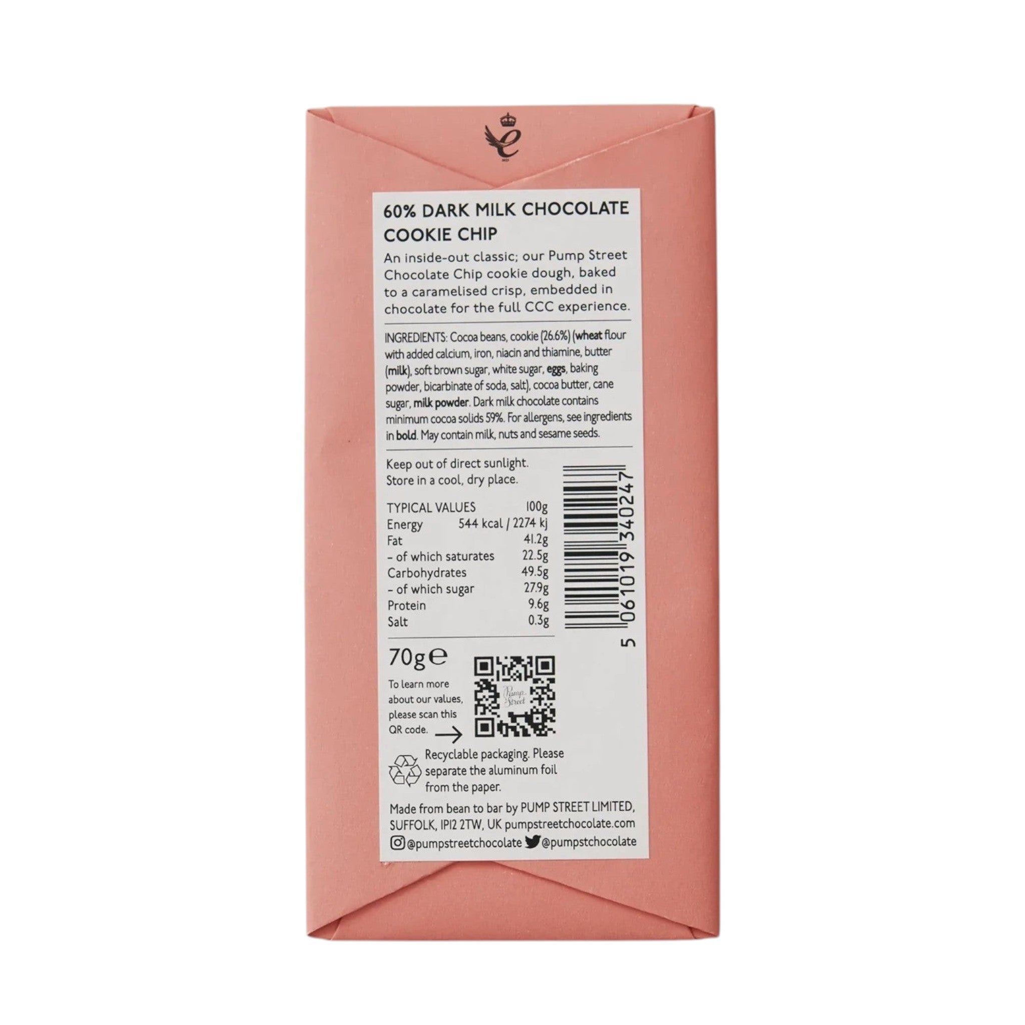 Made In England Pump Street Dark Milk Chocolate Cookie Chip 60% bar with cookie pieces. 70g.