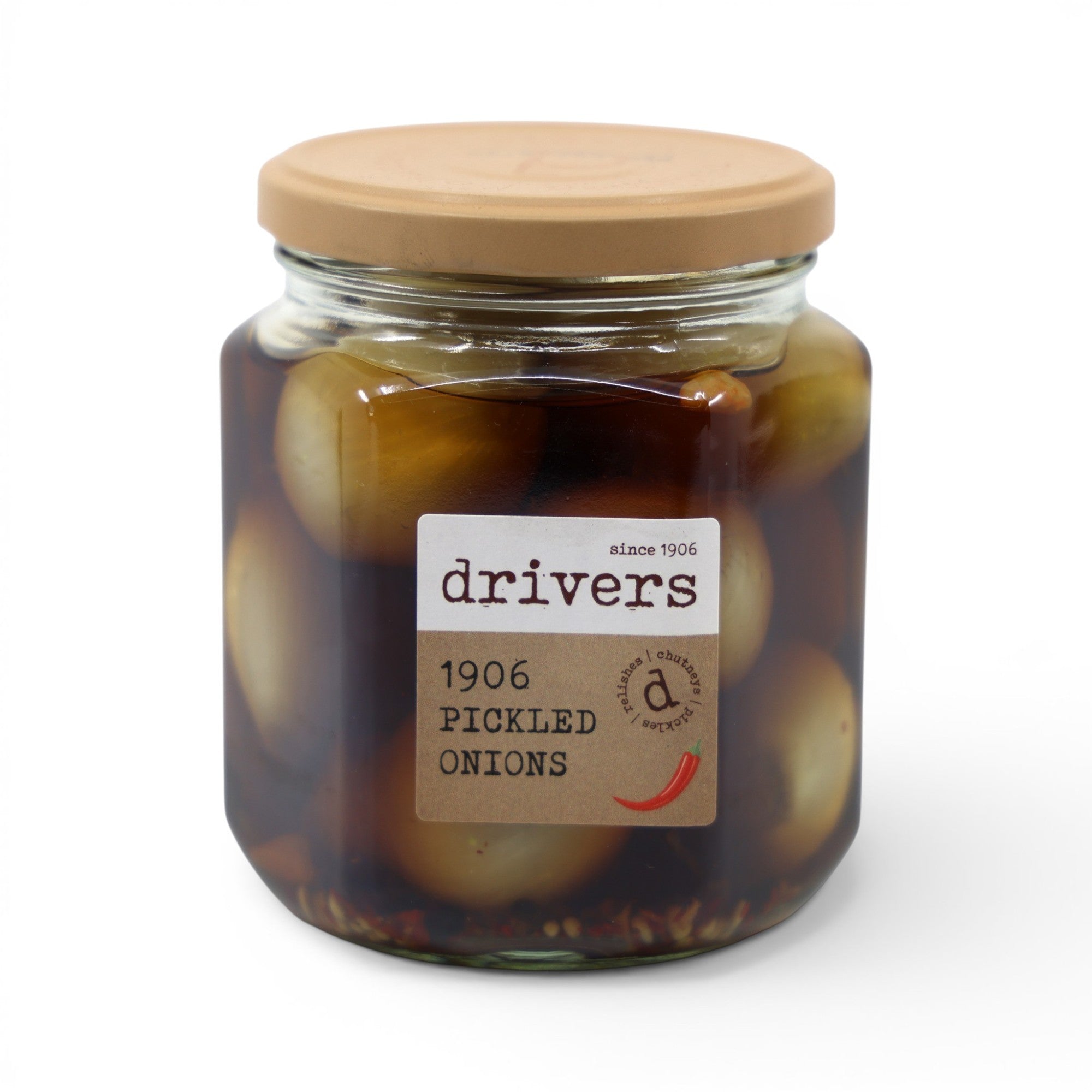 Made In England Drivers 1906 whole pickled onions in spicy vinegar brine with chili, in a glass jar.