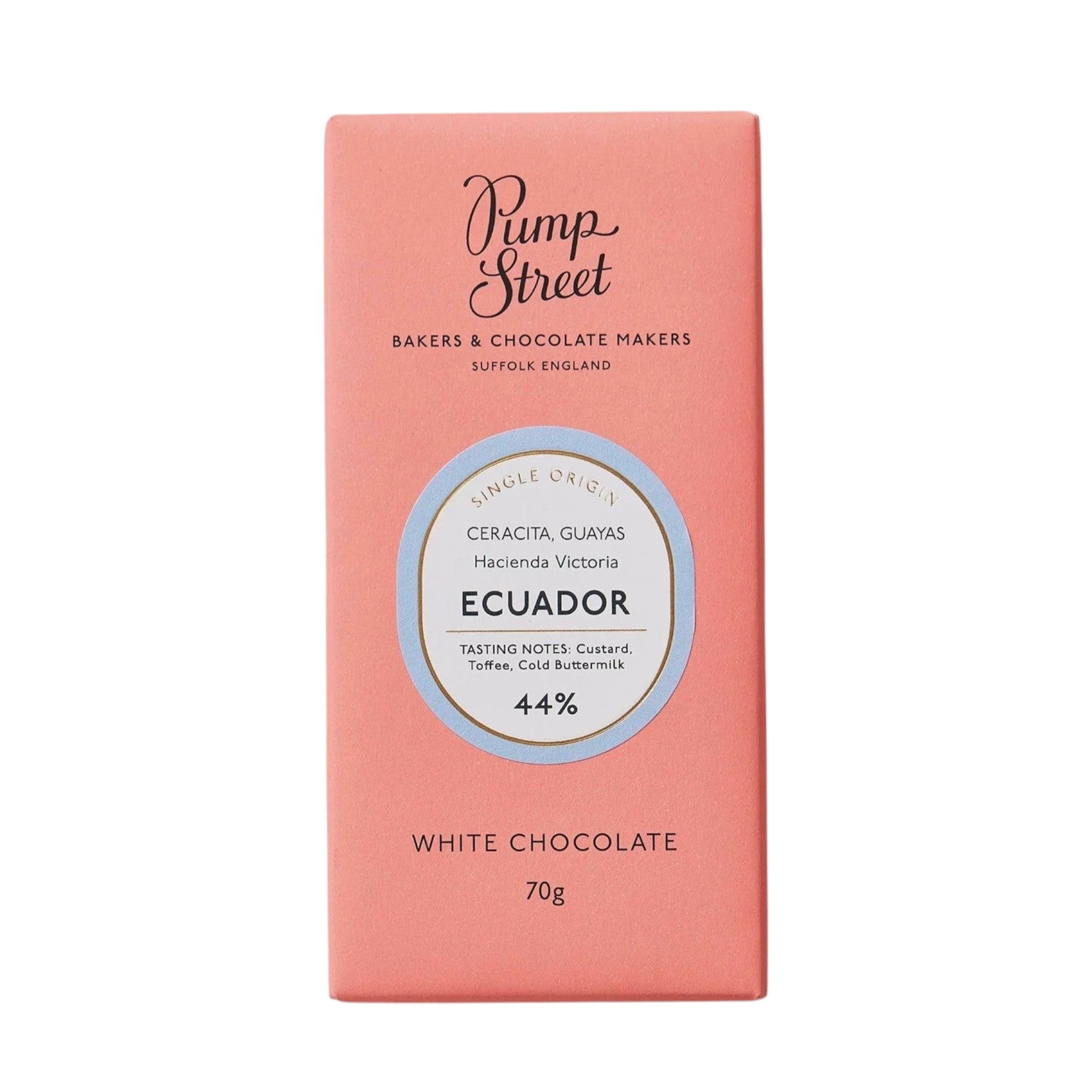 Made In England Single Origin Ecuador 44% white chocolate bar with tasting notes of custard, toffee, and cold buttermilk.