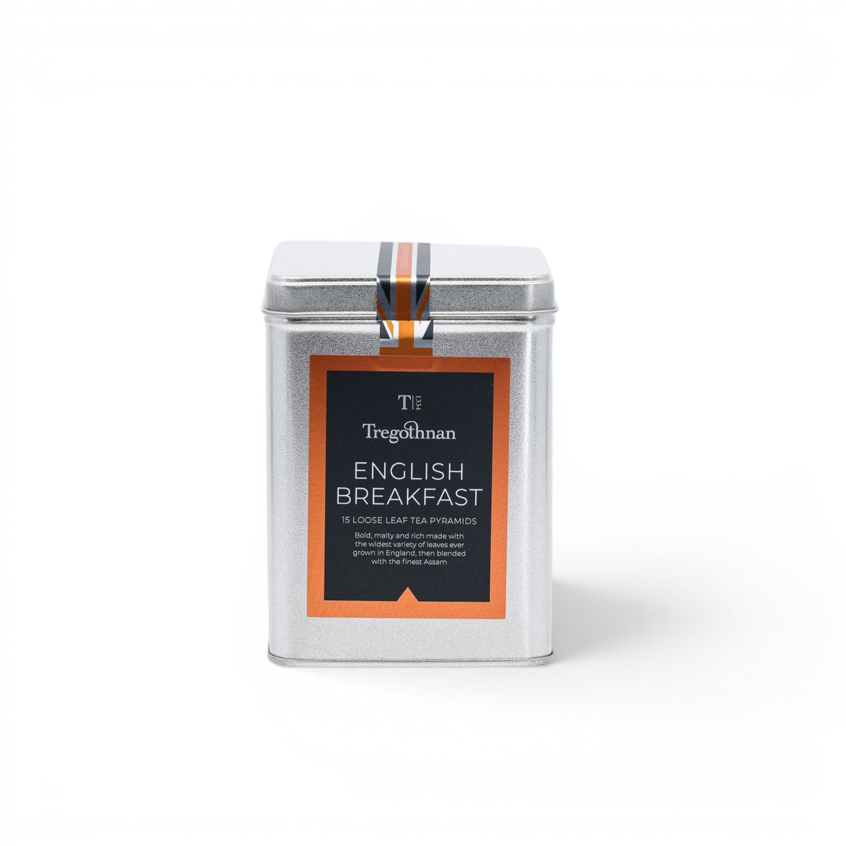 Made In England Tregothnan English Breakfast loose leaf tea pyramids in a silver tin with orange and black label.