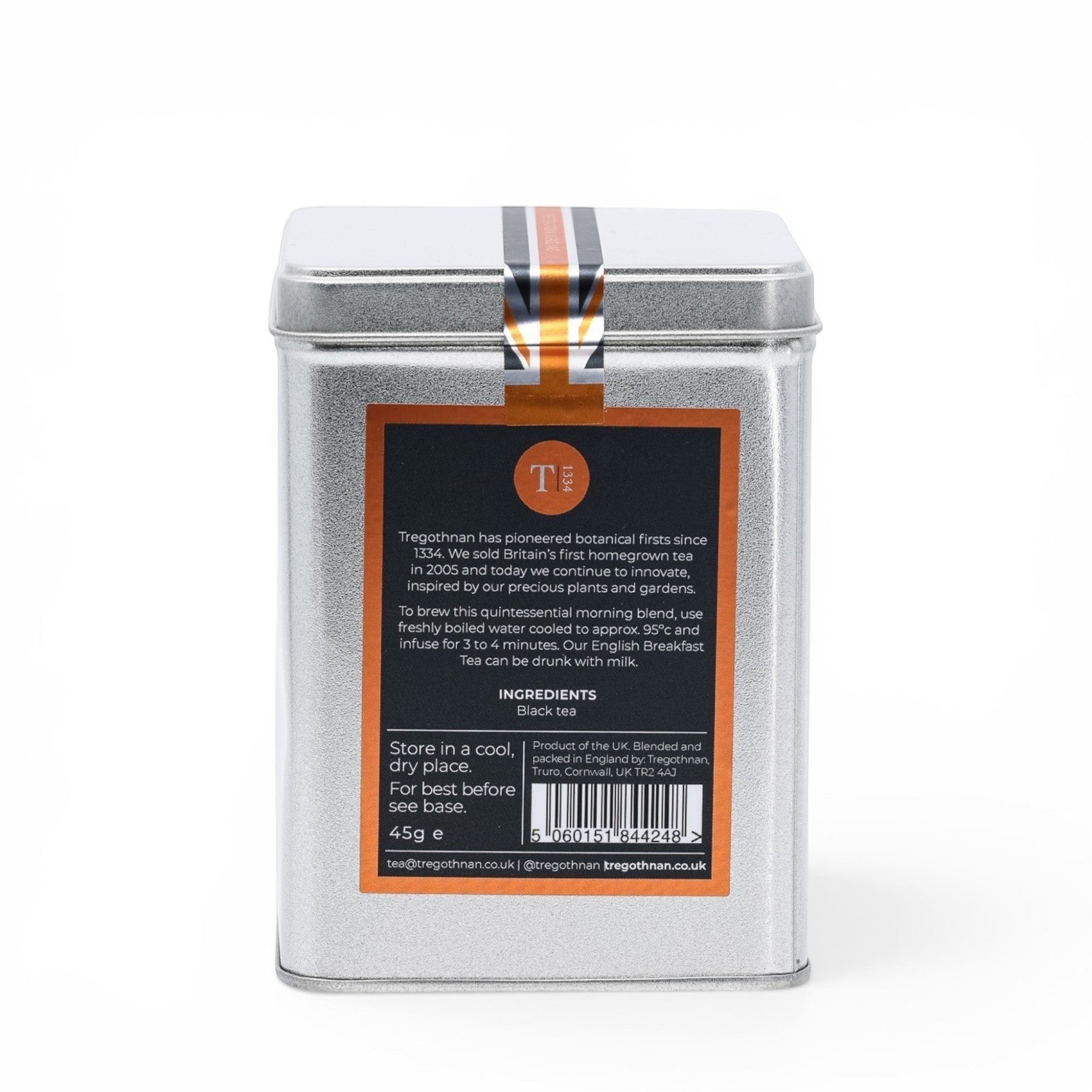 Made In England English Breakfast loose leaf black tea in a silver tin with orange and black label.
