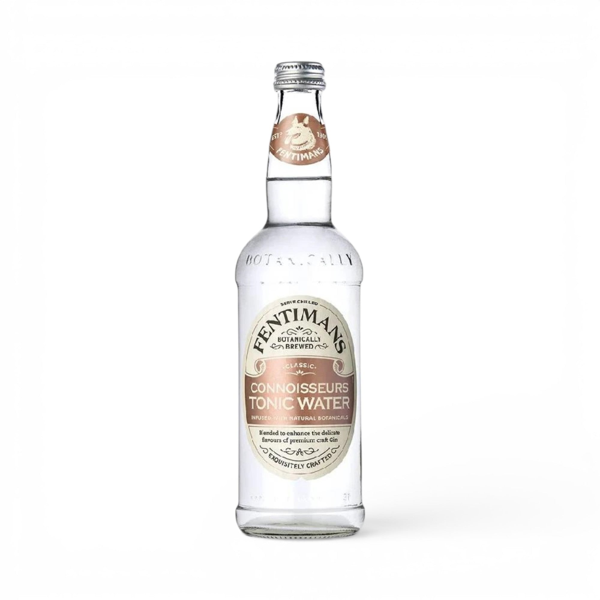 Made In England Fentimans Connoisseurs Tonic Water bottle, clear liquid, classic botanical infusion, crisp finish, subtle effervescence.