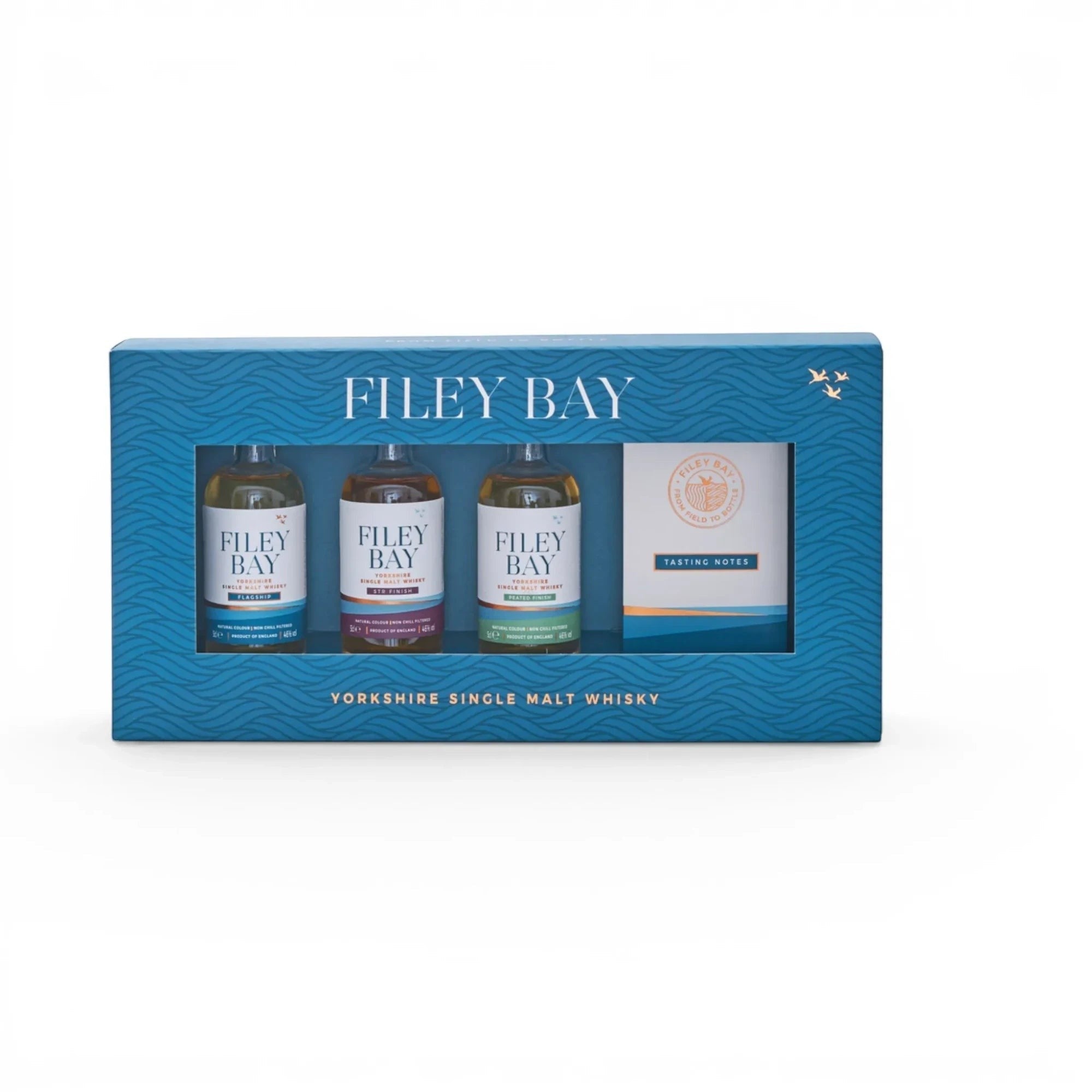Made In England Filey Bay Yorkshire Single Malt Whisky Trio Gift Set with three 5cl bottles and tasting notes booklet.