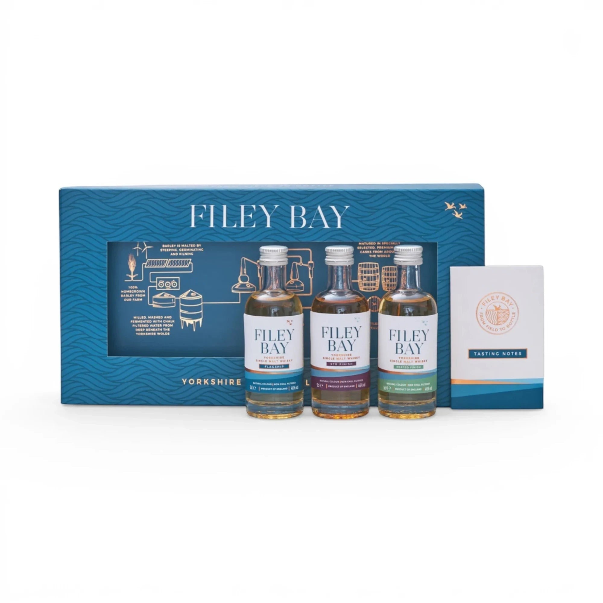 Made In England Filey Bay Yorkshire Single Malt Whisky Trio Gift Set with three 5cl bottles and tasting notes booklet.