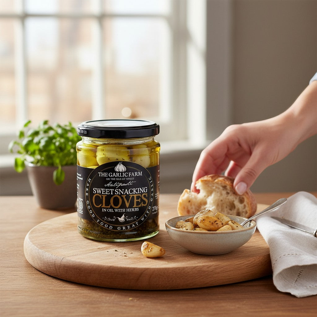 Made In England jar of The Garlic Farm sweet snacking garlic cloves in oil with herbs, served with bread.