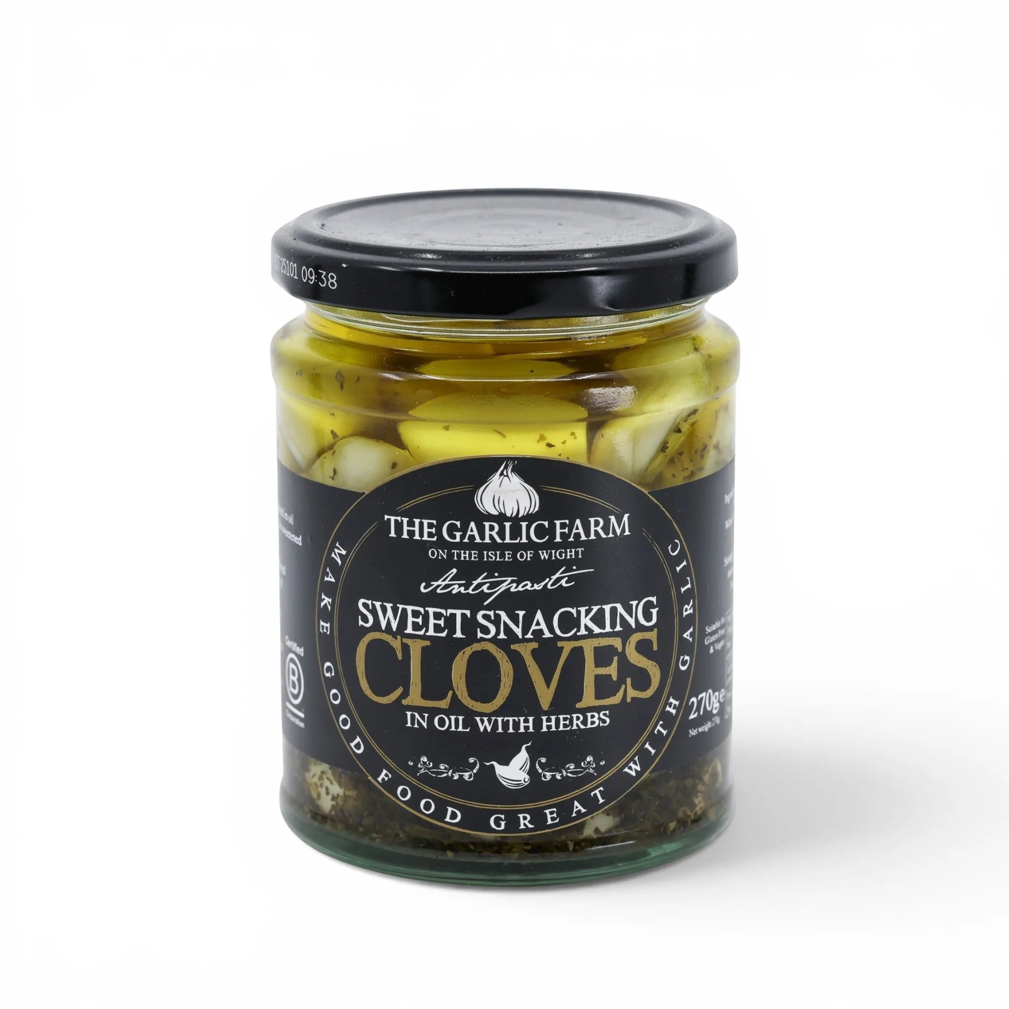 Made In England jar of The Garlic Farm sweet snacking garlic cloves in oil with herbs, 270g.