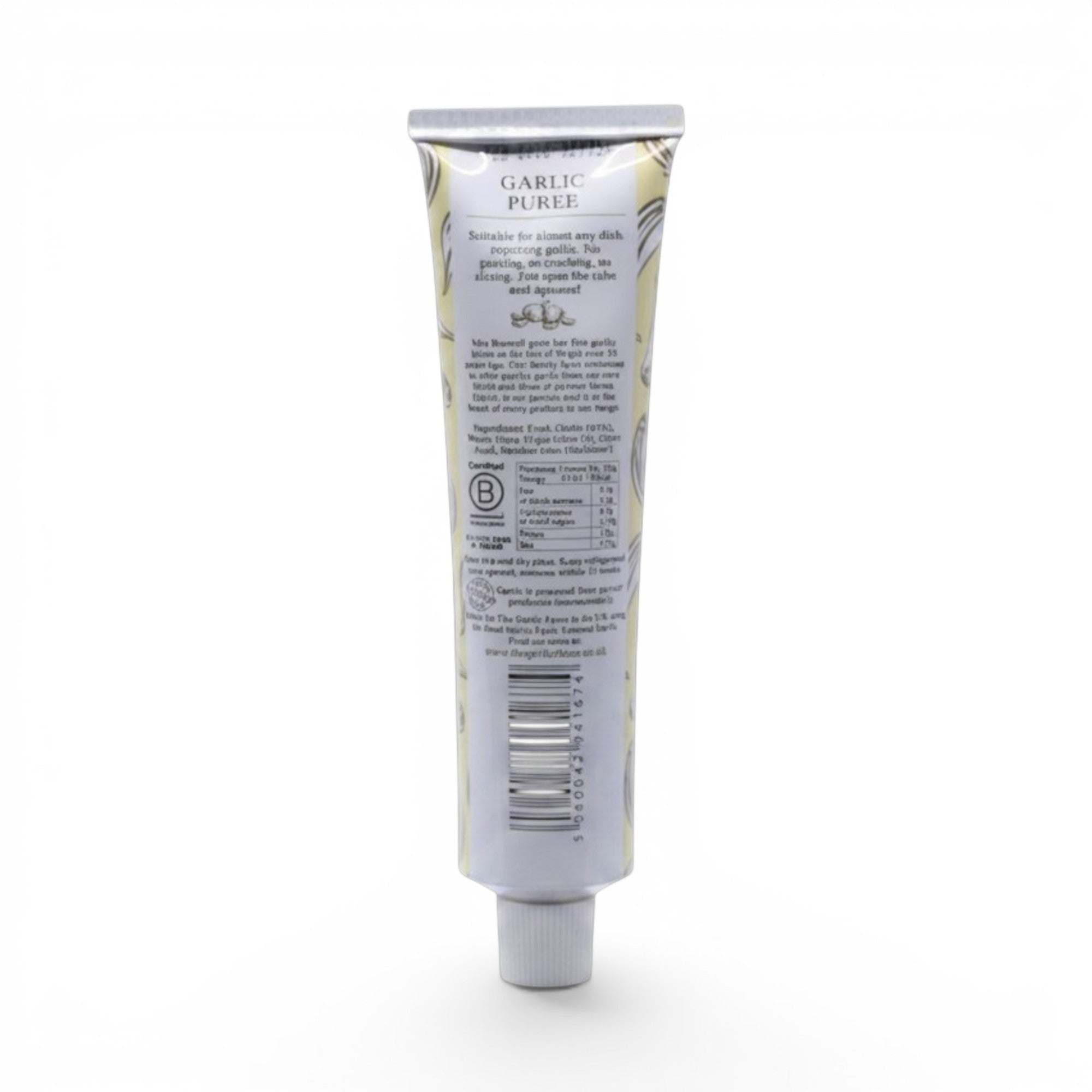 Made In England Garlic Purée in a 110g tube, blended with olive oil for intense garlic flavor. Convenient for cooking.