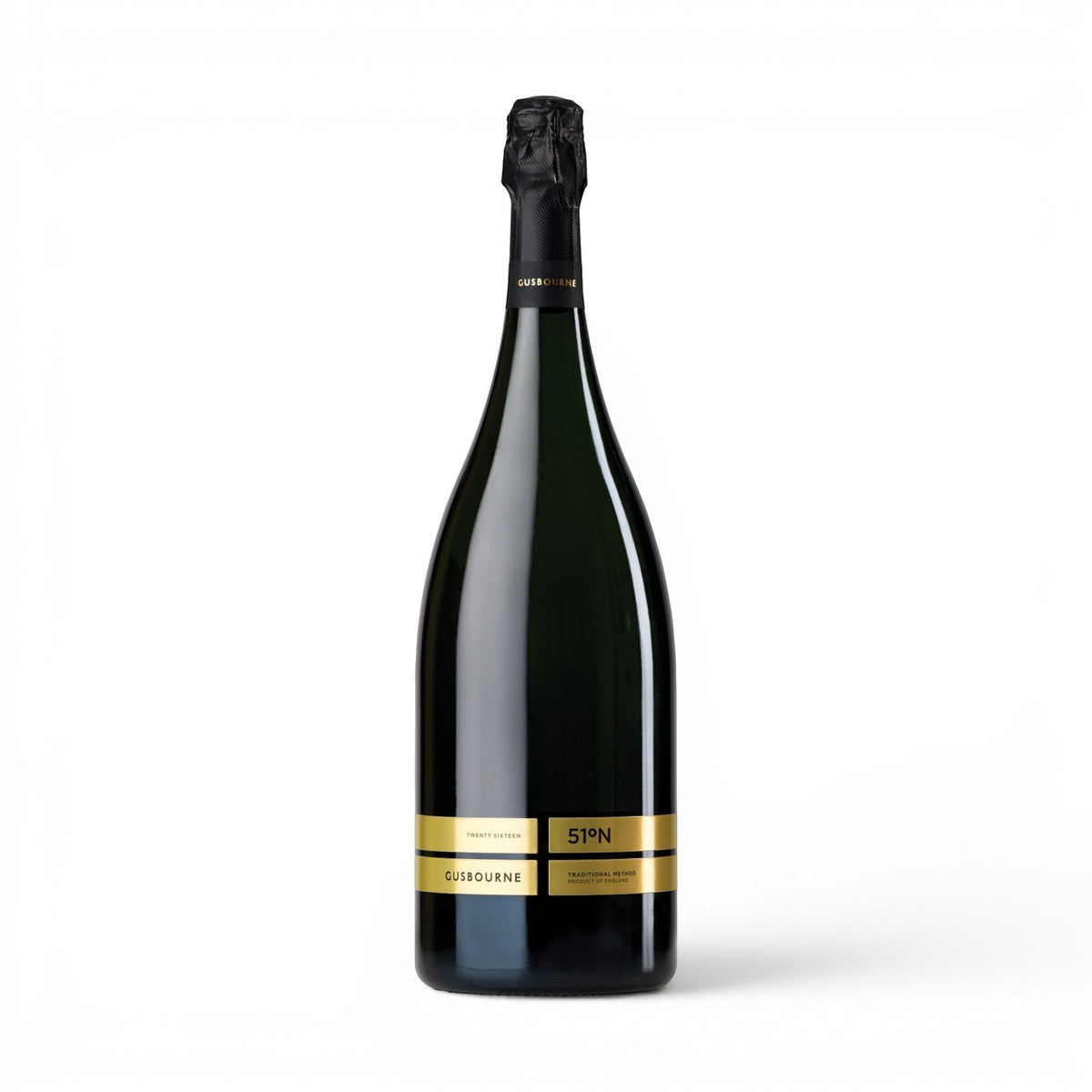Made In England Gusbourne 51°N sparkling wine in a dark glass bottle with elegant gold label detailing.