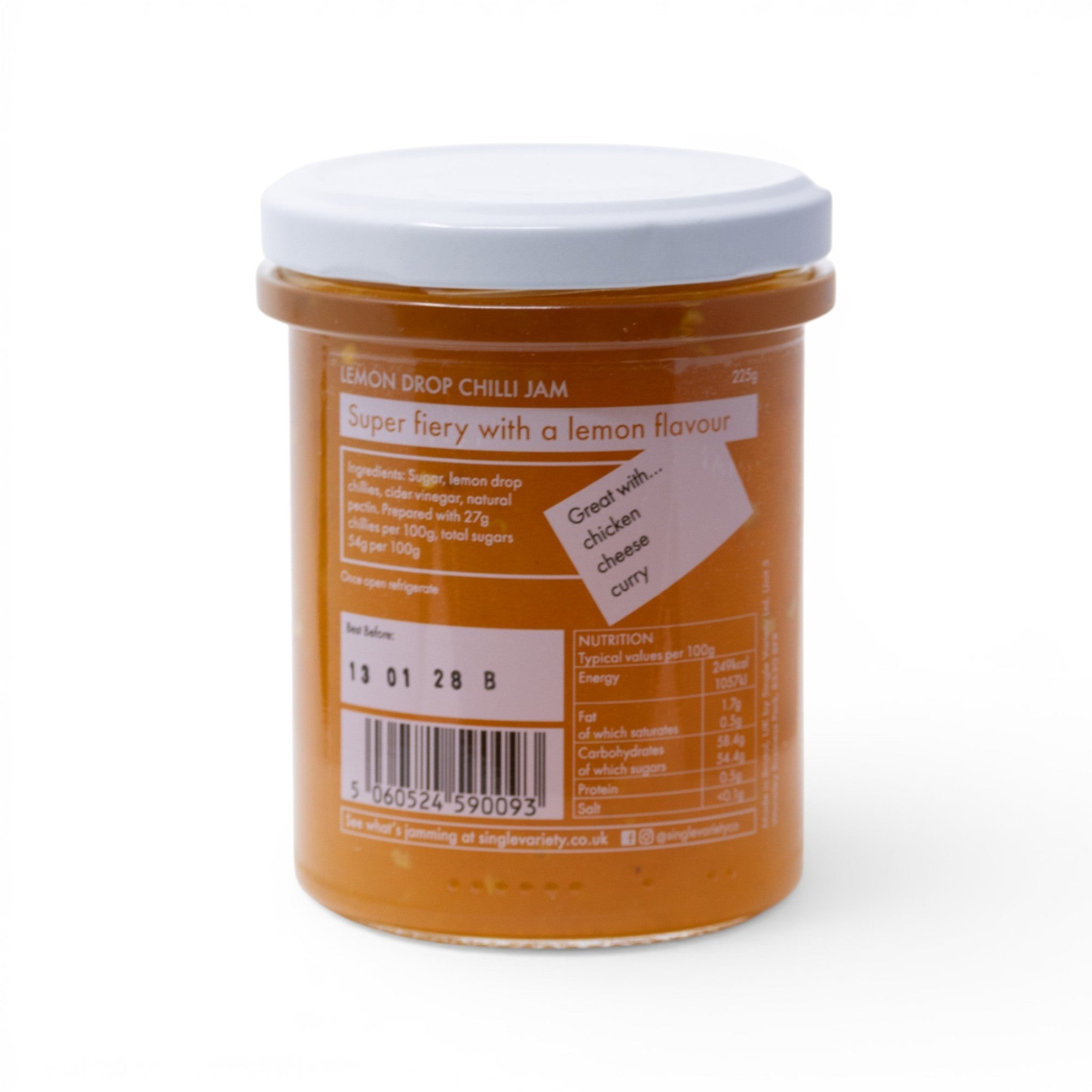 Made In England Lemon Drop Chilli Jam in a glass jar with a white lid. Orange jam with visible chilli pieces.