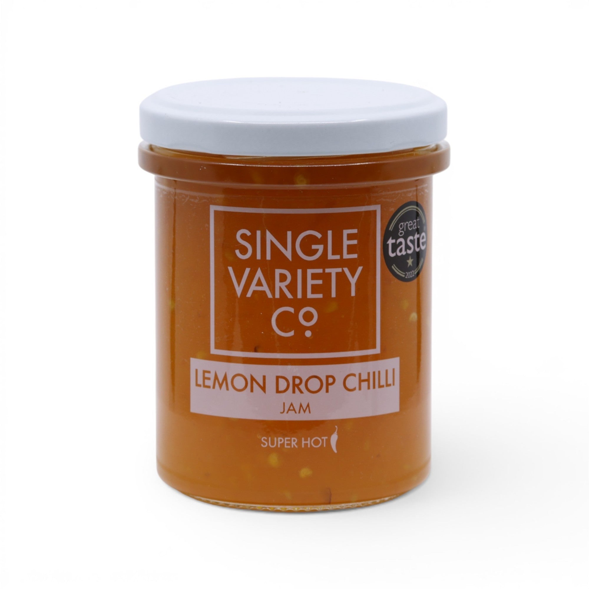 Made In England Single Variety Co. Lemon Drop Chilli Jam, a super hot, vibrant orange jam with a chunky texture.