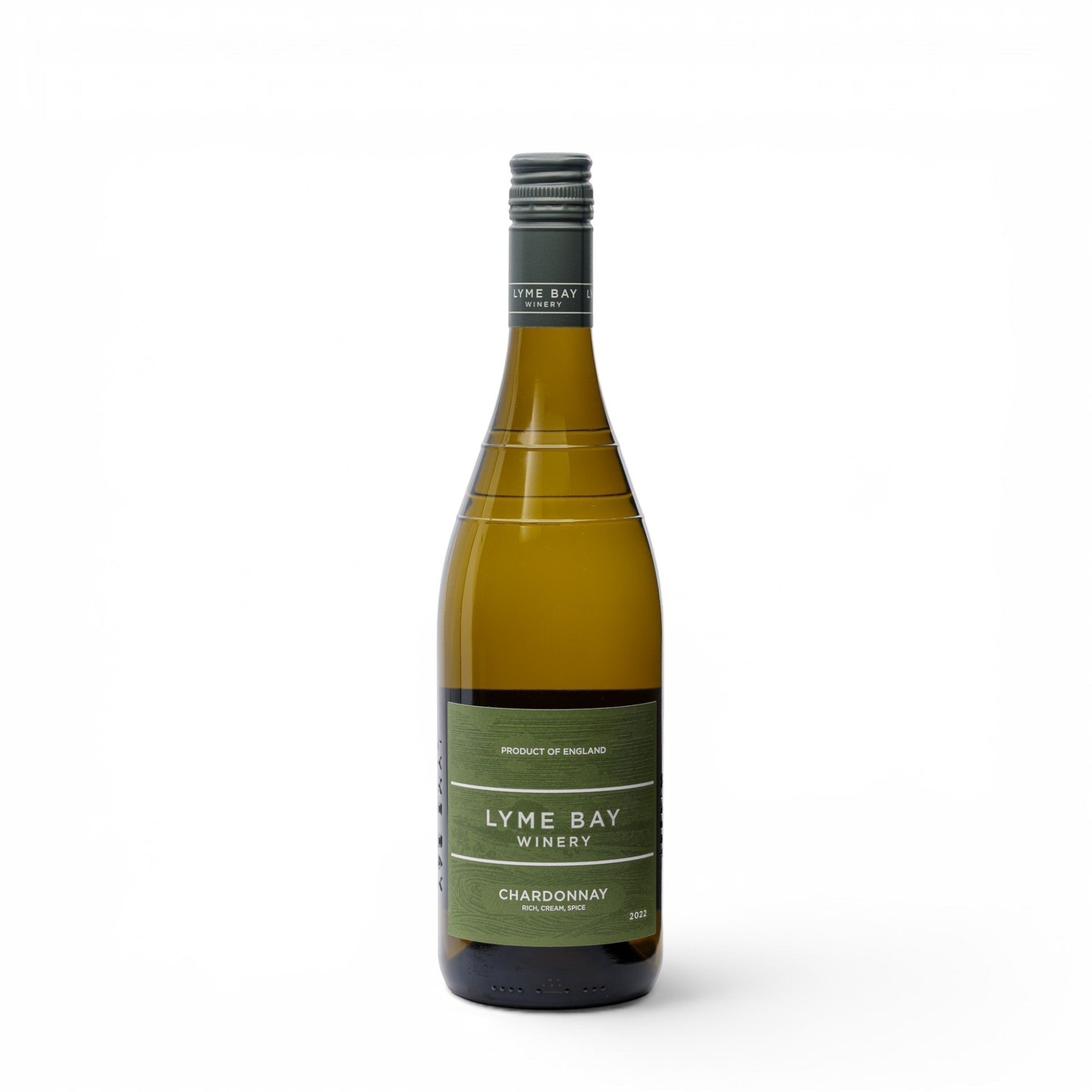 Made In England Lyme Bay Winery Chardonnay white wine bottle with green label and grey cap, product of England.