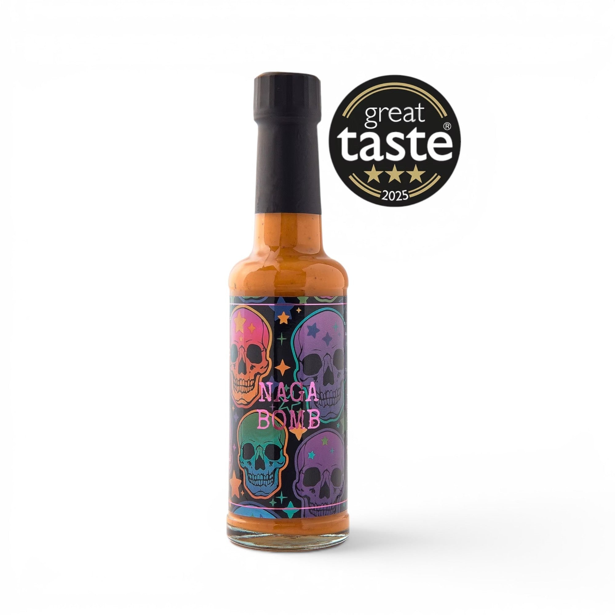 Made In England Naga Bomb artisan hot sauce bottle with a colorful skull label and 3-star Great Taste 2025 award.