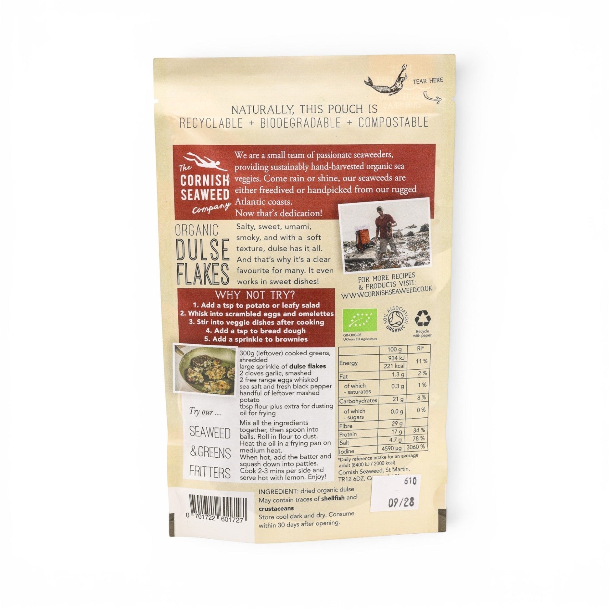 Made In England Organic Dulse Seaweed Flakes pouch with nutritional information and recipe suggestions.
