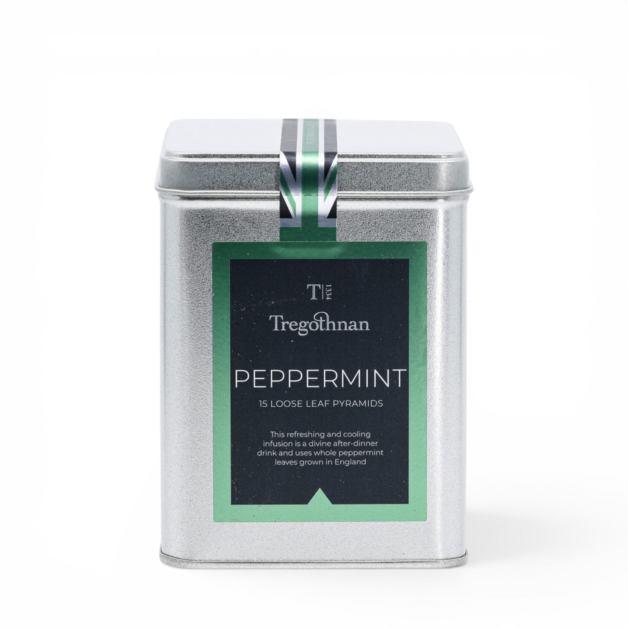 Made In England Tregothnan Peppermint loose leaf pyramid tea tin, 15 pyramids, whole English peppermint leaves.