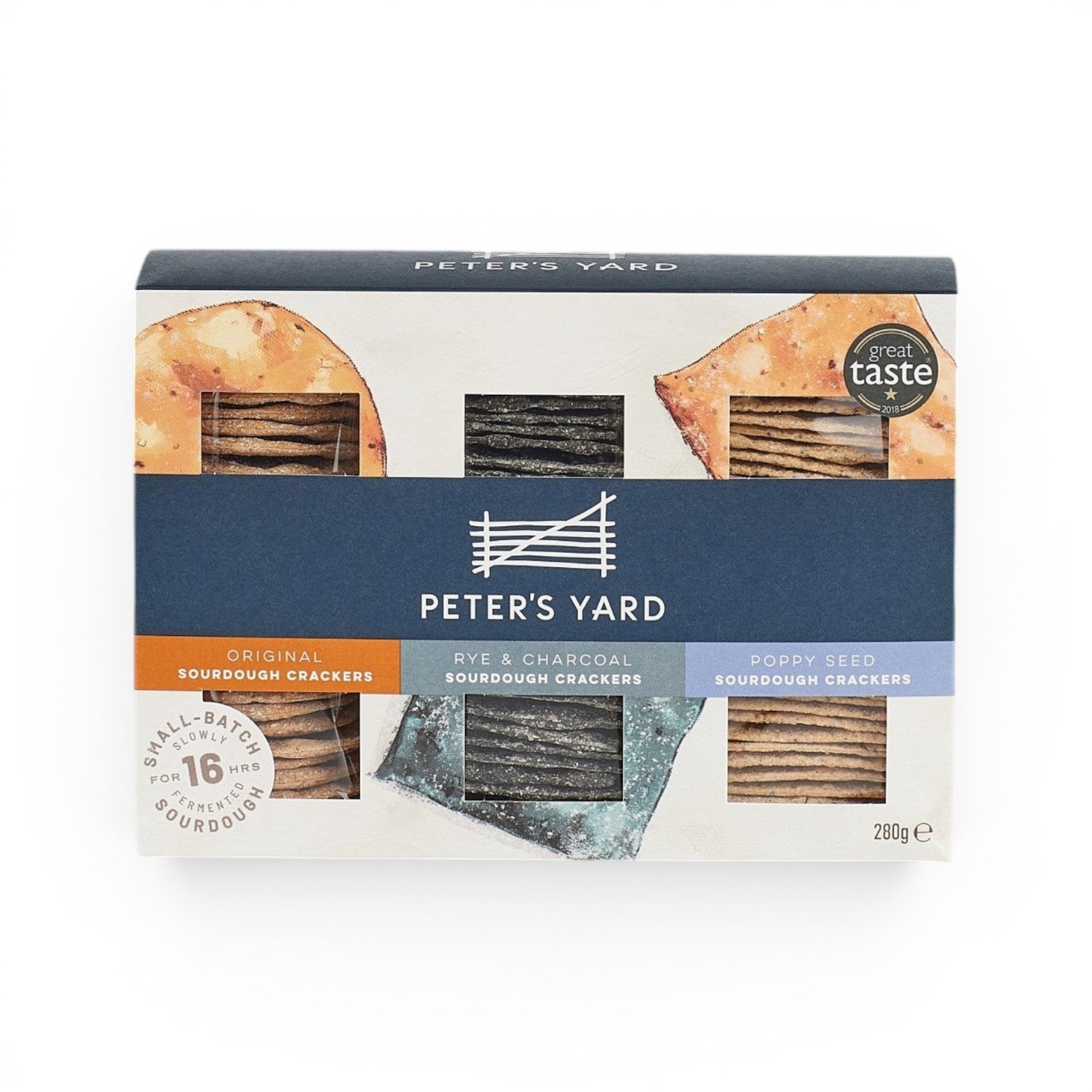Made In England Peter's Yard Sourdough Crackers Selection Box with Original, Rye & Charcoal, and Poppy Seed varieties.