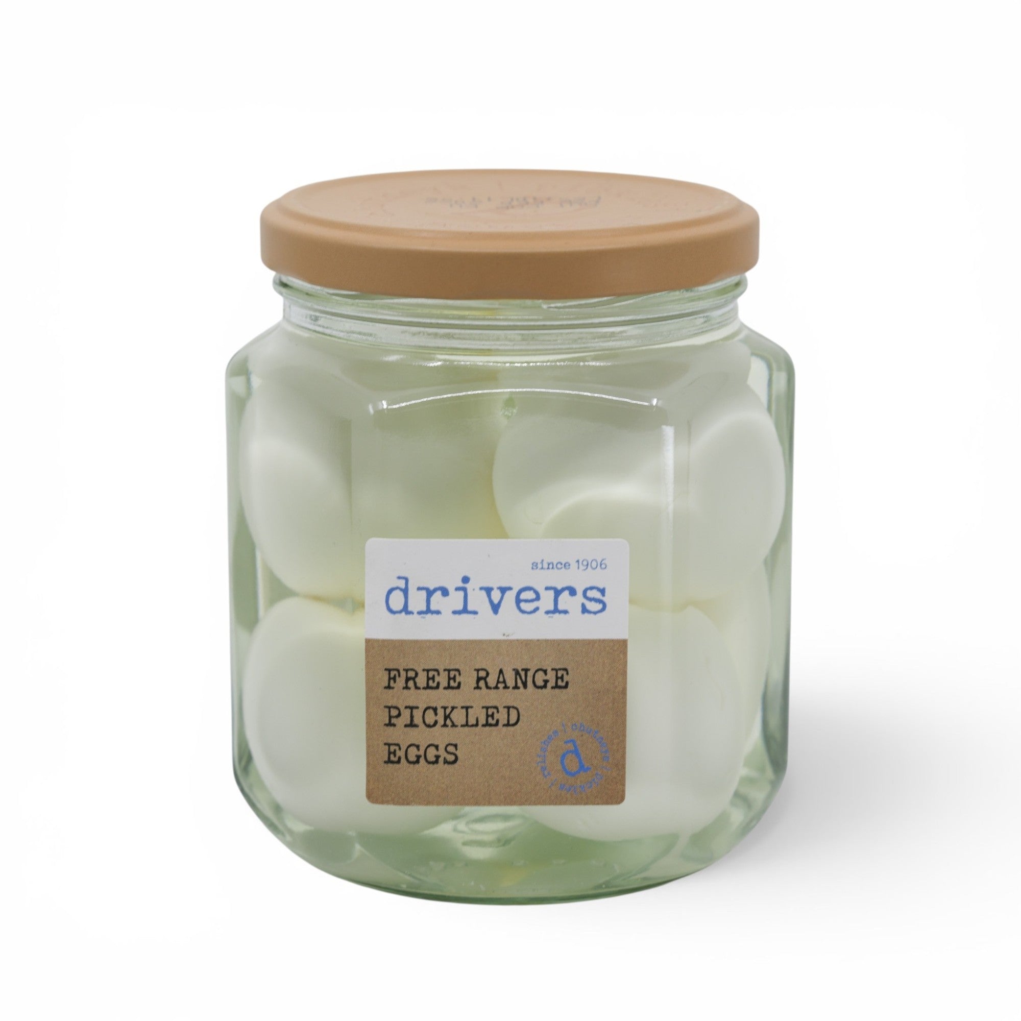 Made In England jar of Drivers free range pickled eggs, whole eggs in brine with a tan lid.