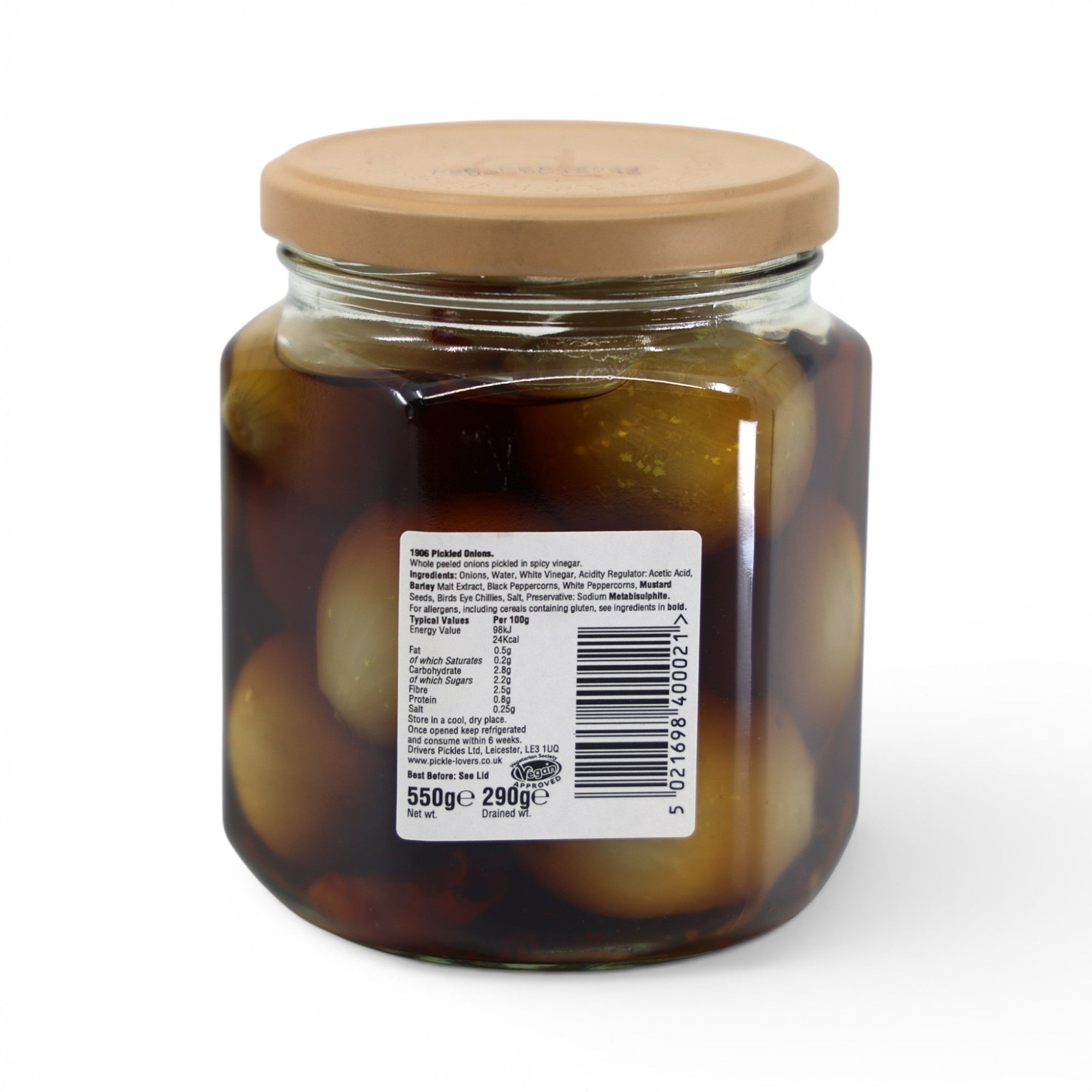 Made In England 1906 Pickled Onions in spicy vinegar brine, whole onions in a glass jar with a tan lid.