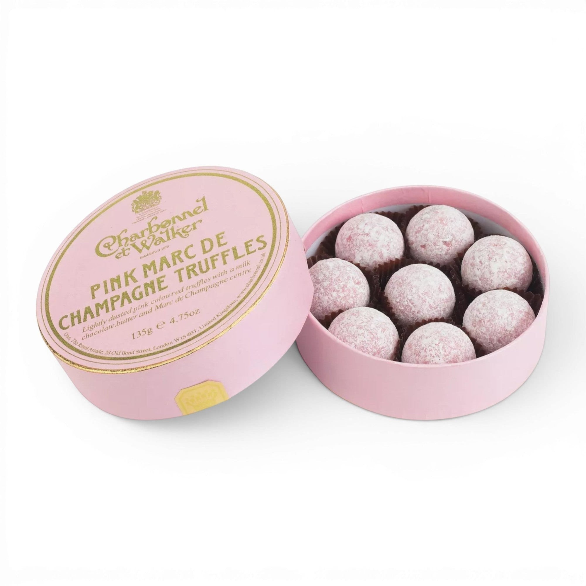 Made In England Charbonnel et Walker Pink Marc de Champagne Truffles in a pink hatbox, dusted pink.