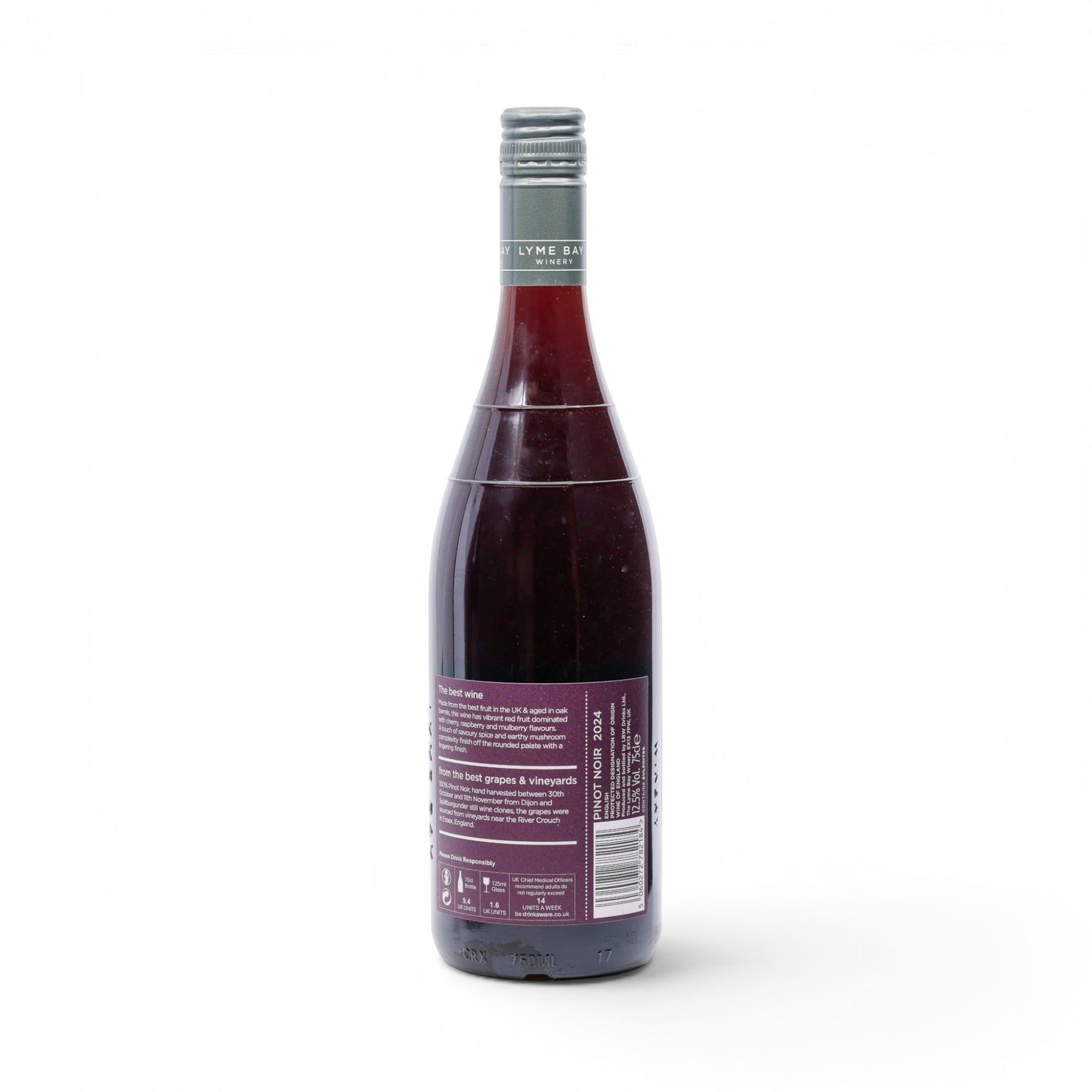 Made In England Lyme Bay Winery Pinot Noir 2024, a dark red English wine with a silver screw cap. The label details tasting notes and origin.