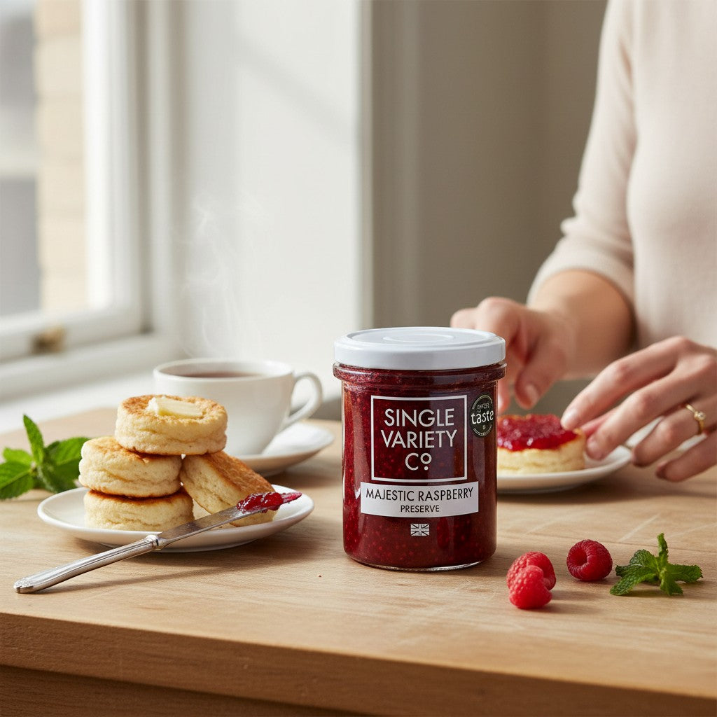 Made In England Single Variety Co. Majestic Raspberry Preserve in a glass jar with a white lid, served with scones and tea.