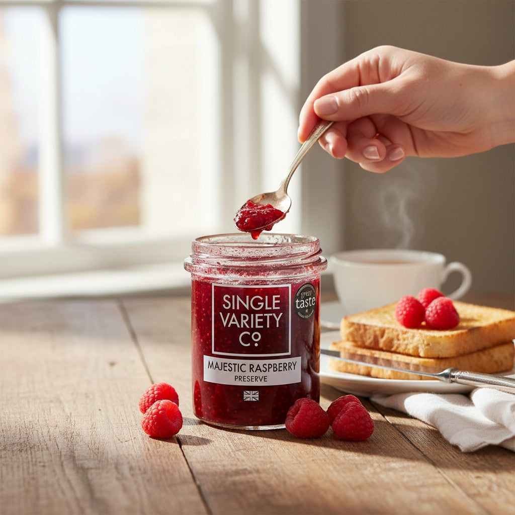 Made In England Single Variety Co. Majestic Raspberry Preserve in a glass jar with a spoon scooping some out. Served with toast and raspberries.