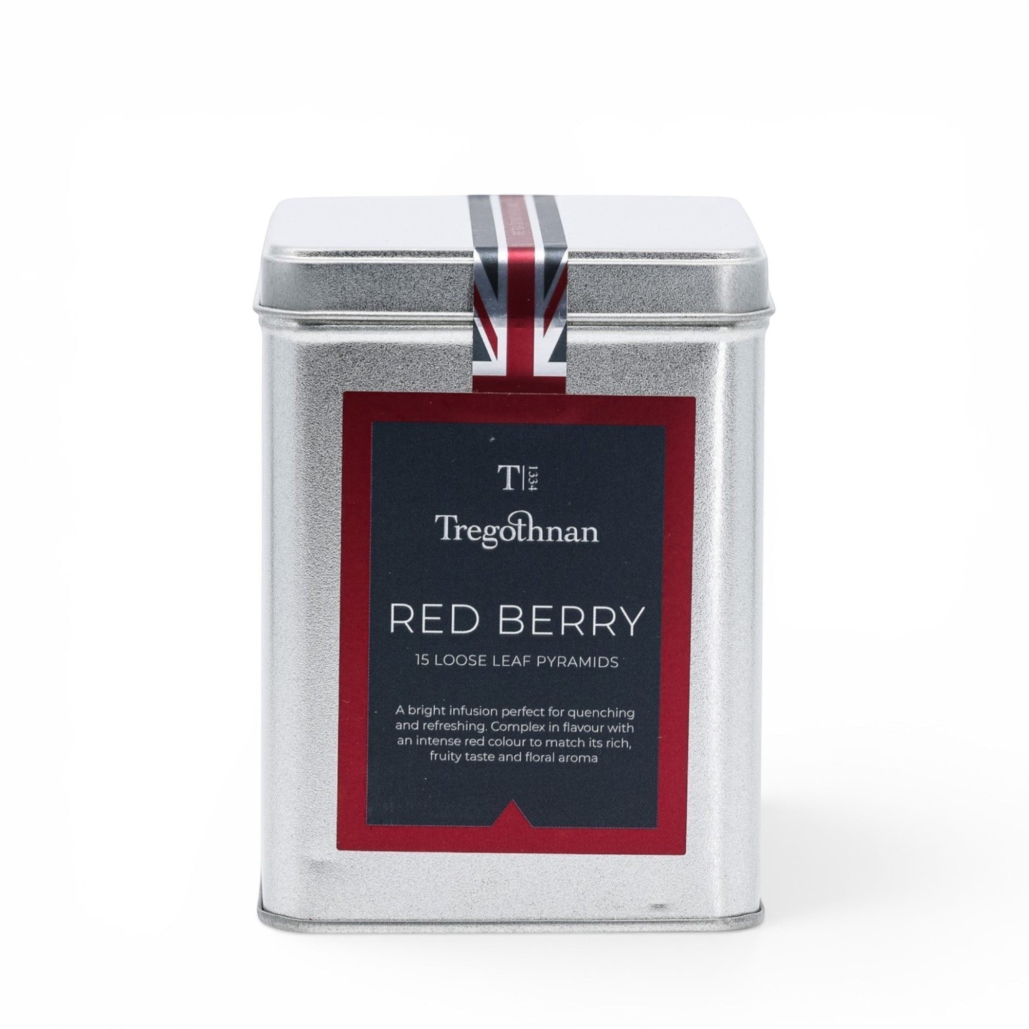 Made In England Tregothnan Red Berry loose leaf tea tin with 15 pyramids. Fruity and floral blend.
