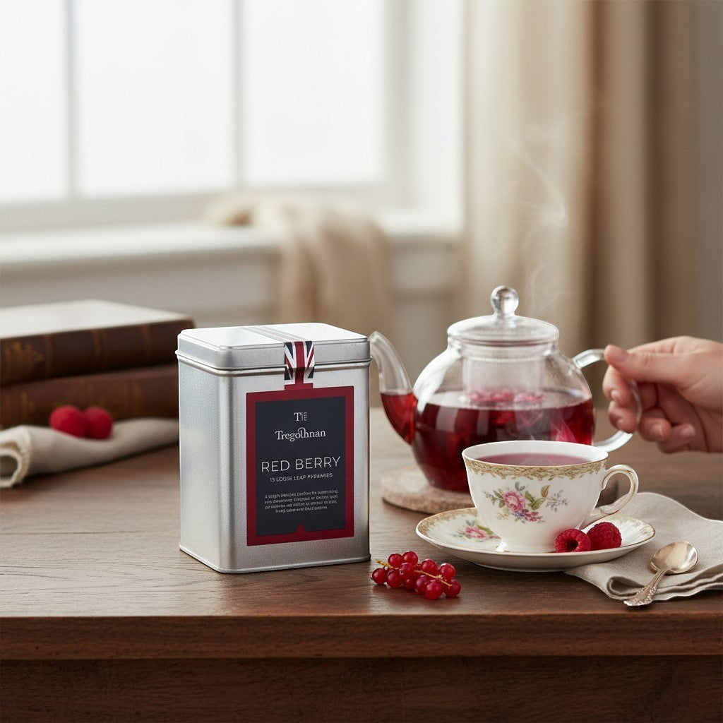 Made In England Tregothnan Red Berry loose leaf tea tin with a glass teapot and cup filled with red infusion.