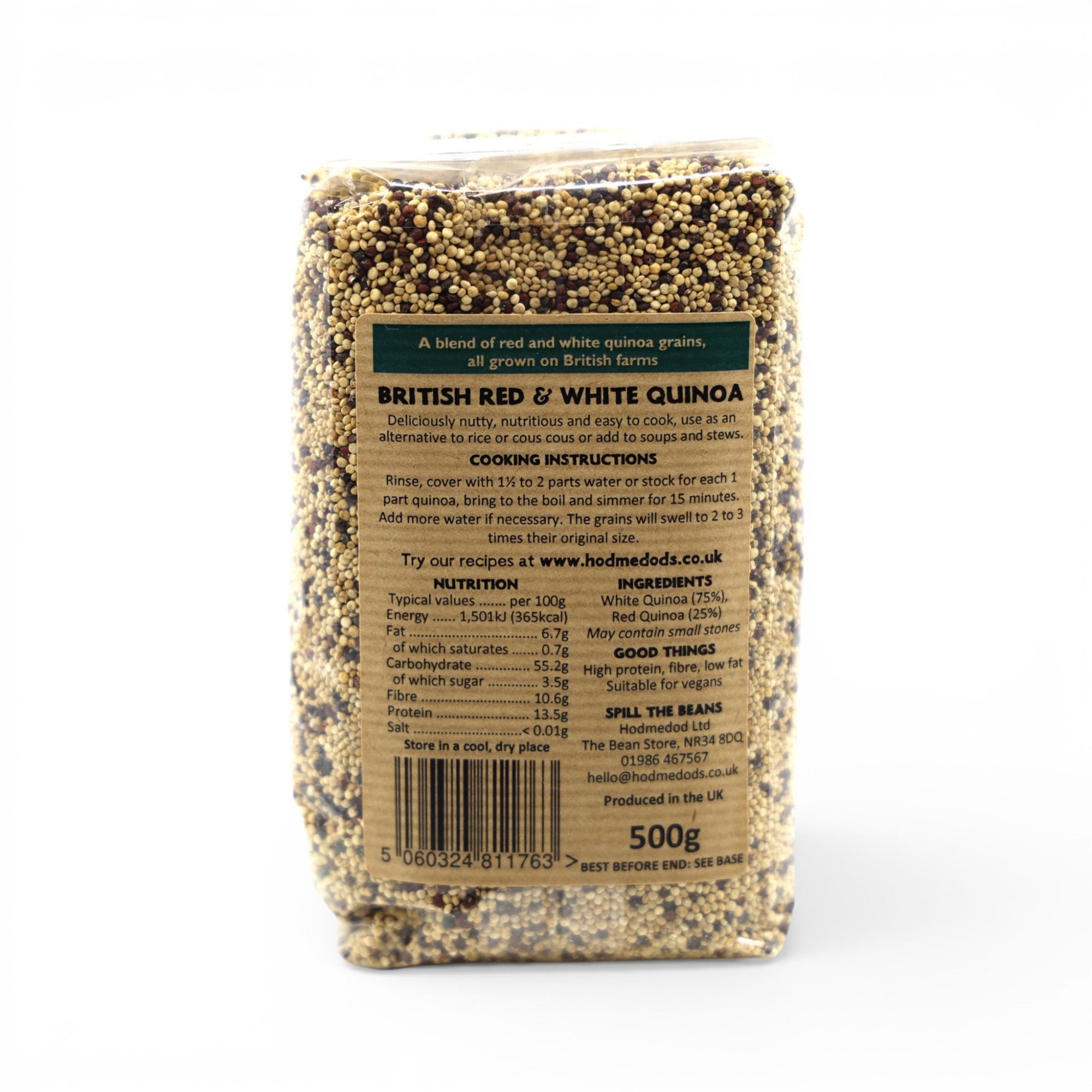 Made In England British Grown Red & White Quinoa blend, 500g pack. Grains are a mix of red and white.