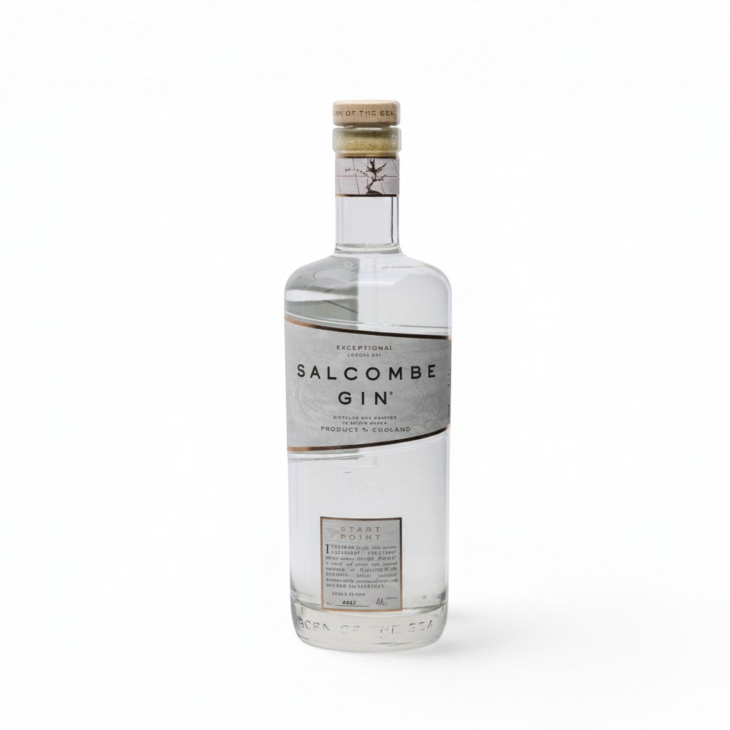 Made In England Salcombe Gin Start Point London Dry, a clear gin in a glass bottle with a grey and gold label.