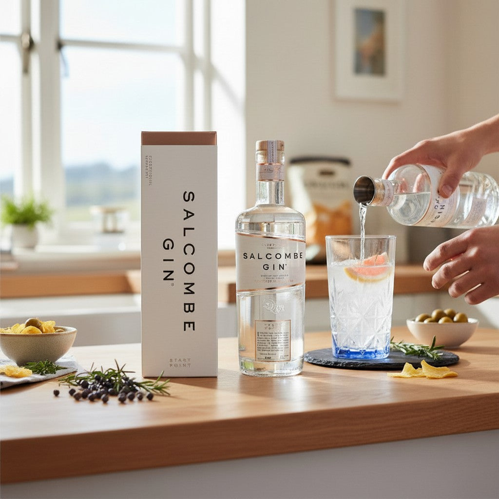 Made In England Salcombe Gin Start Point London Dry bottle and gift box on a wooden counter with a G&T being poured.